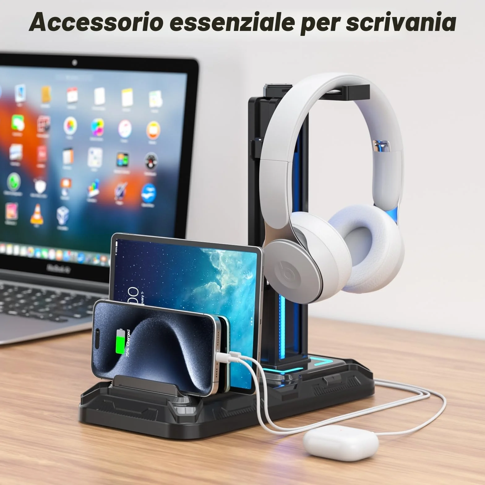 KDD Porta Cuffie da Scrivania con Supporto Telefono, Stand Cuffie Gaming Nero, Porta Controller Staccabile 9 Modalità Illuminazione, USB