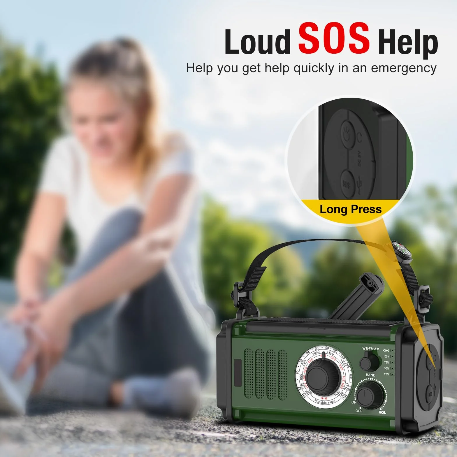 Radio di Emergenza a Manovella con Ricarica Solare NOAA AM FM 4 Metodi di Ricarica Batteria ai Polimeri Torcia Allarme SOS Bussola