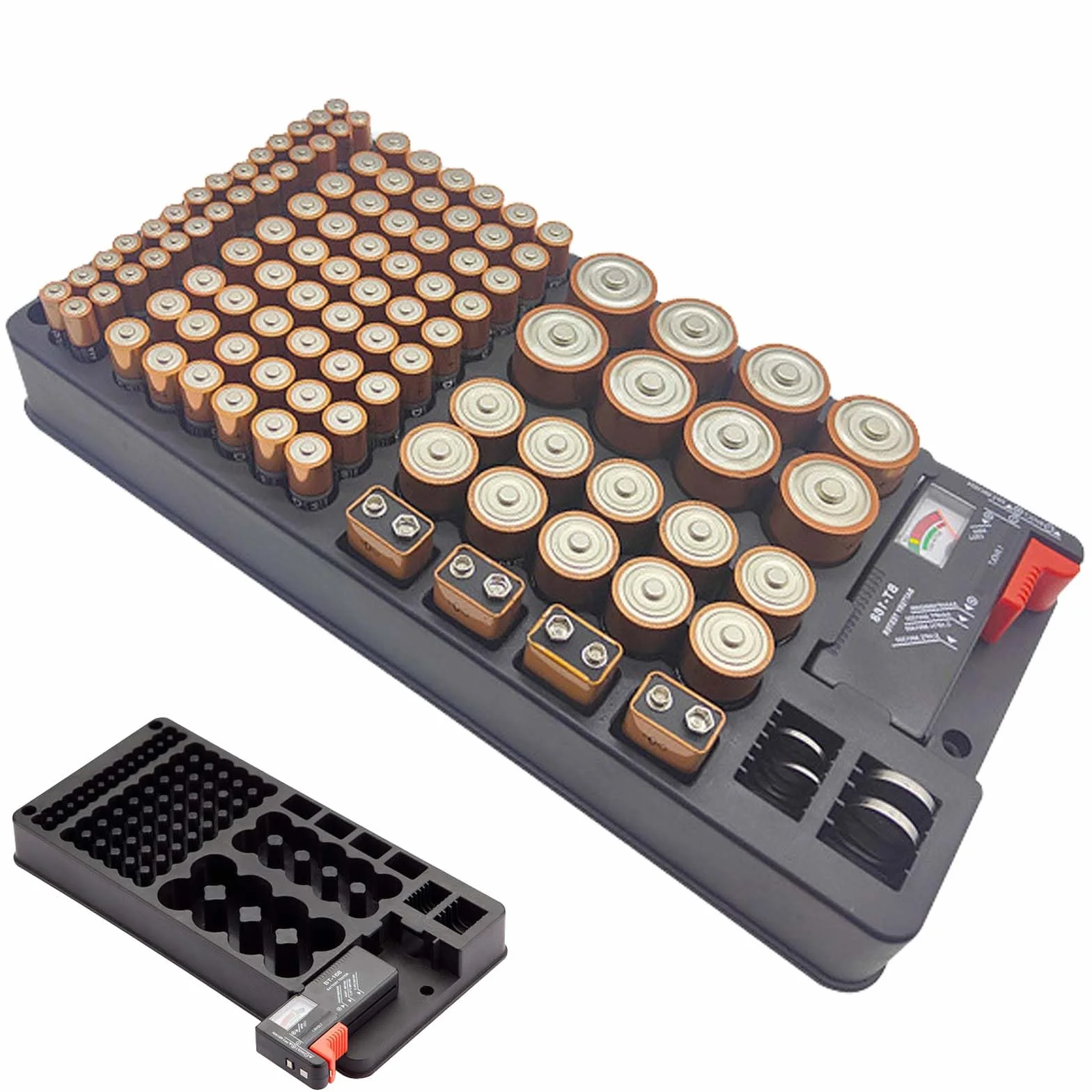 Scatola di immagazzinaggio batteria con tester per 116 batterie AAA AA 9V C D