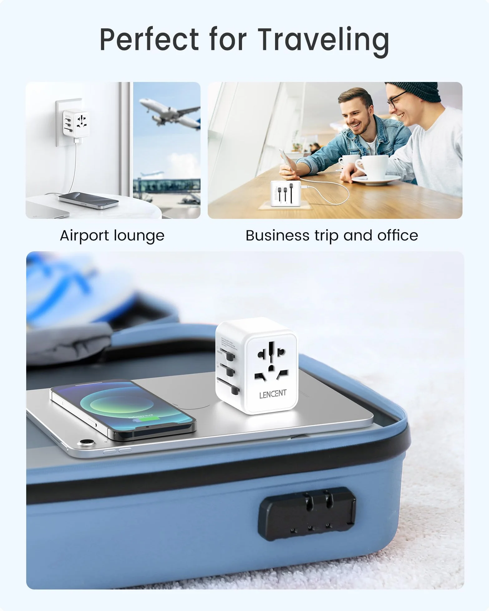 LENCENT Adattatore Spina Universale da Viaggio con 2 Porte USB Bianco per Europa/USA/UK/AUS