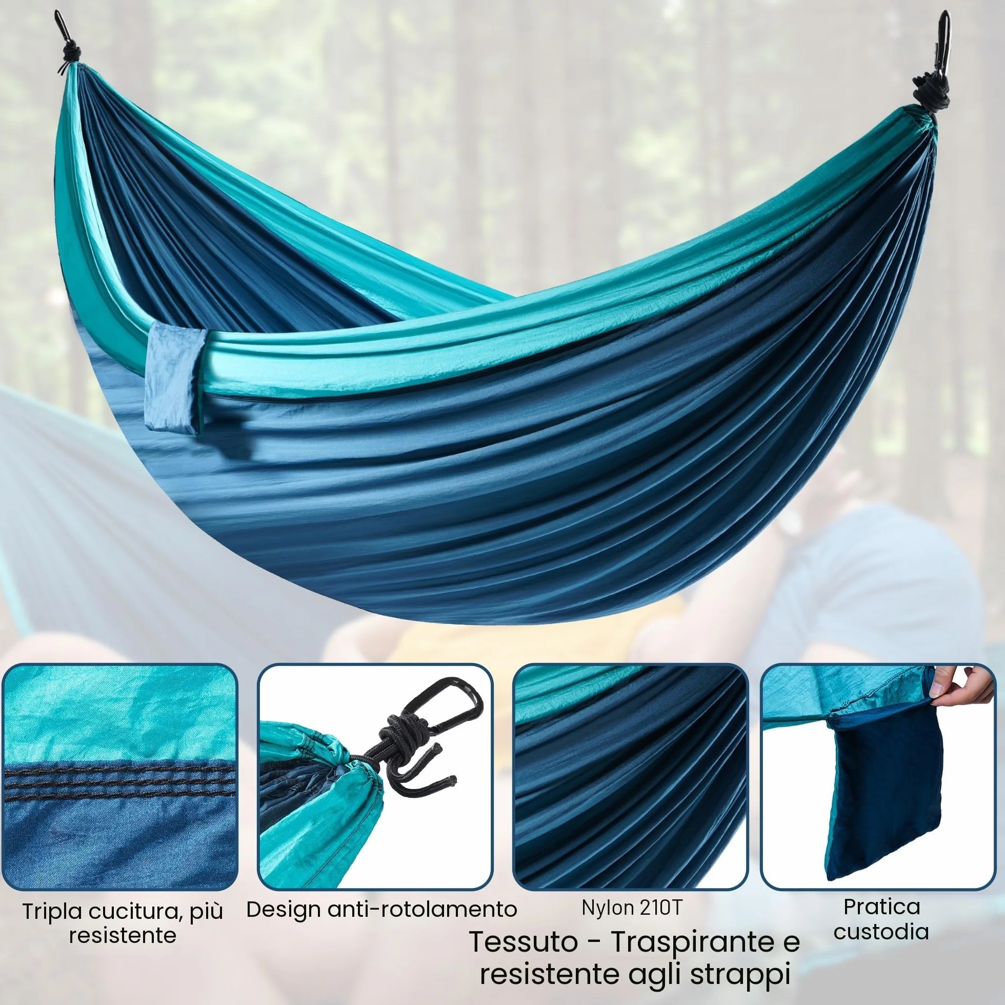 Amaca Matrimoniale XXL 300x200 cm 300 kg Portata Esterno Giardino Campeggio Portatile Blu