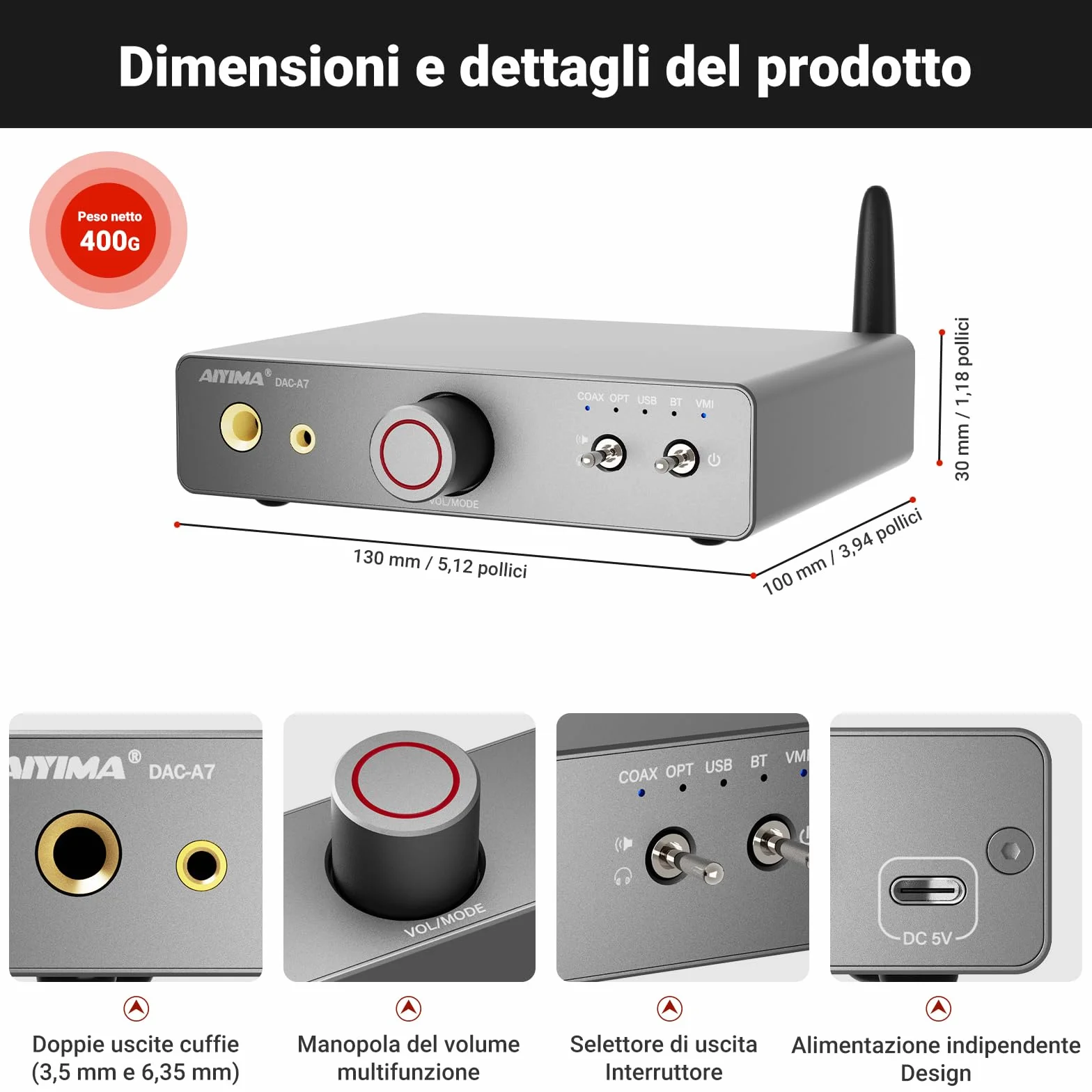 AIYIMA DAC A7 Bluetooth 5.4 Amplificatore decodificante per cuffie HiFi ES9038Q2M 24 bit 192 kHz USB ottico coassiale