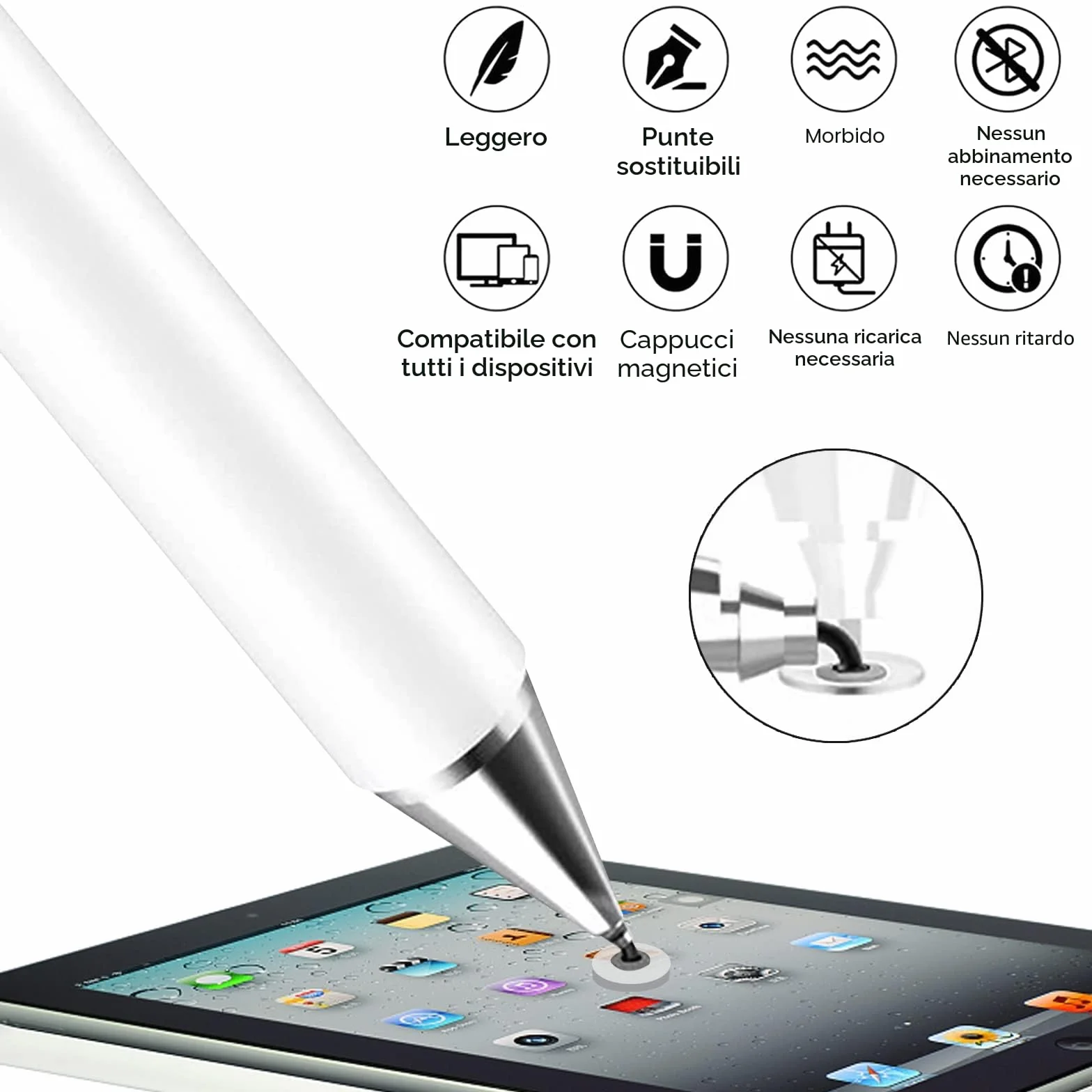 Pennini capacitivi per touch screen, punta a disco, universale, bianco