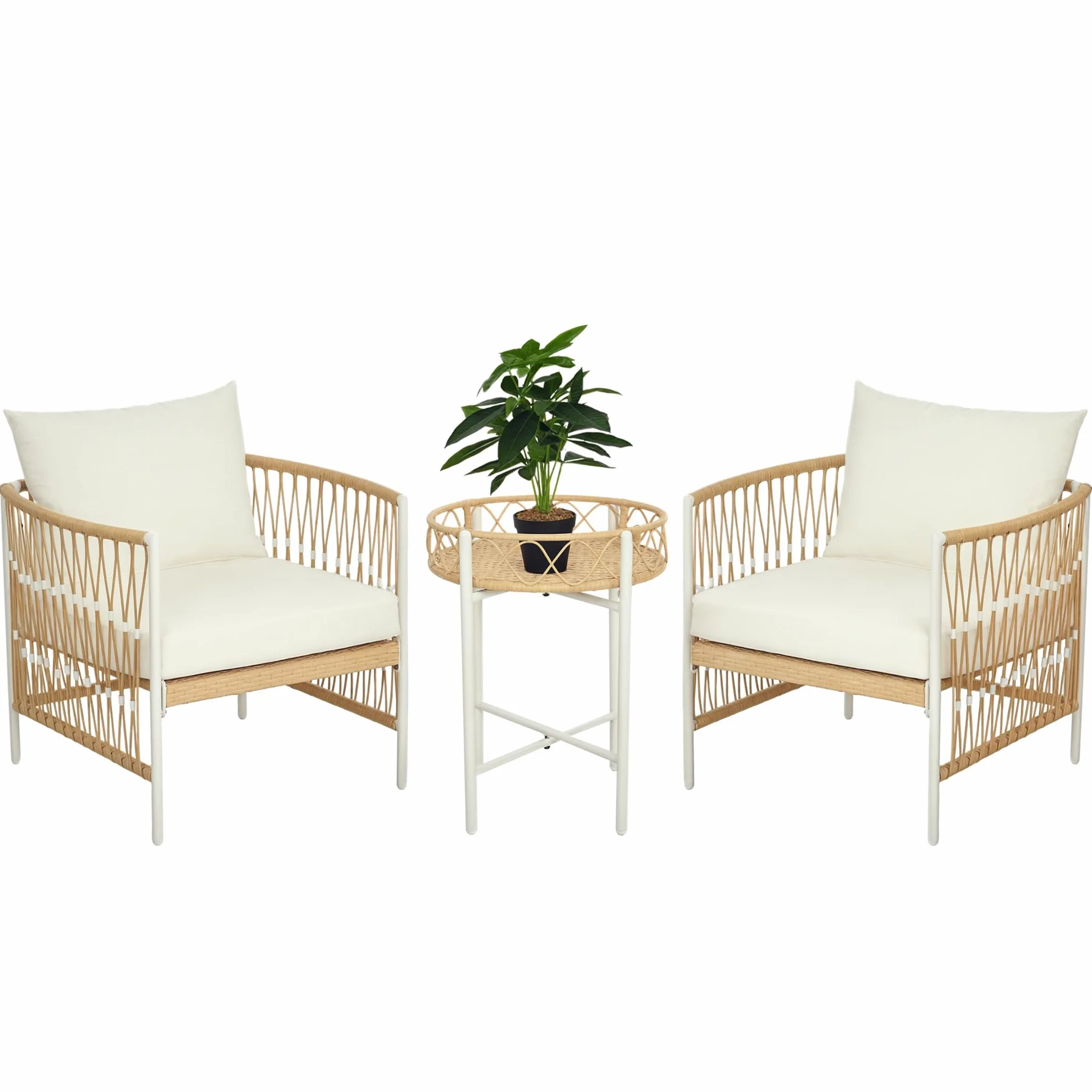 Outsunny Set da Giardino 3 Pezzi in Rattan Stile Boho, Set 2 Sedie da Giardino con Cuscini Sfoderabili e Tavolino da Esterno Rotondo, Giallo
