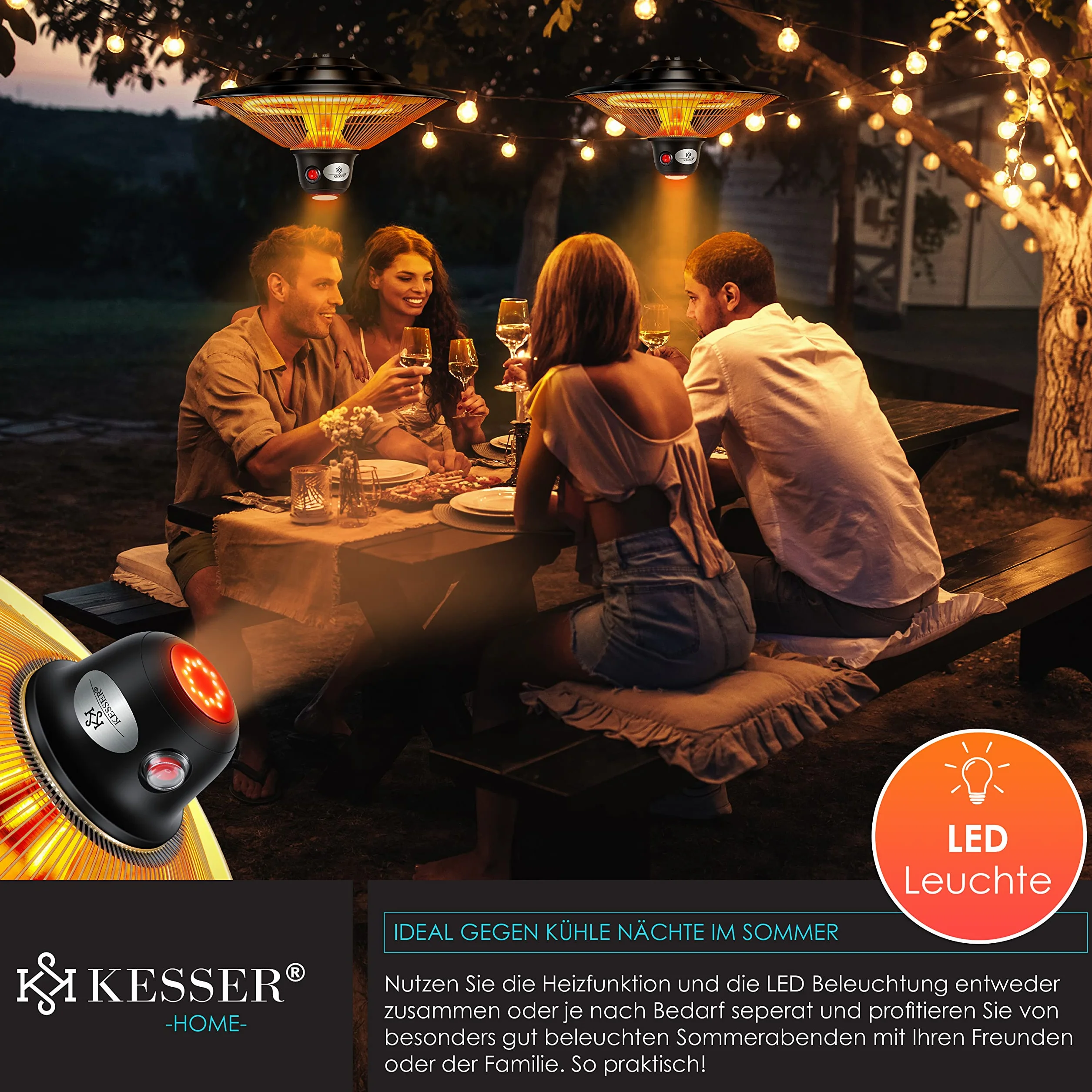 KESSER® Riscaldatore radiante a soffitto con telecomando, Riscaldatore per patio, infrarosso, riscaldatore, radiatore a infrarossi, radiatore di calore, patio, radiatore al quarzo, potenza: 1500W