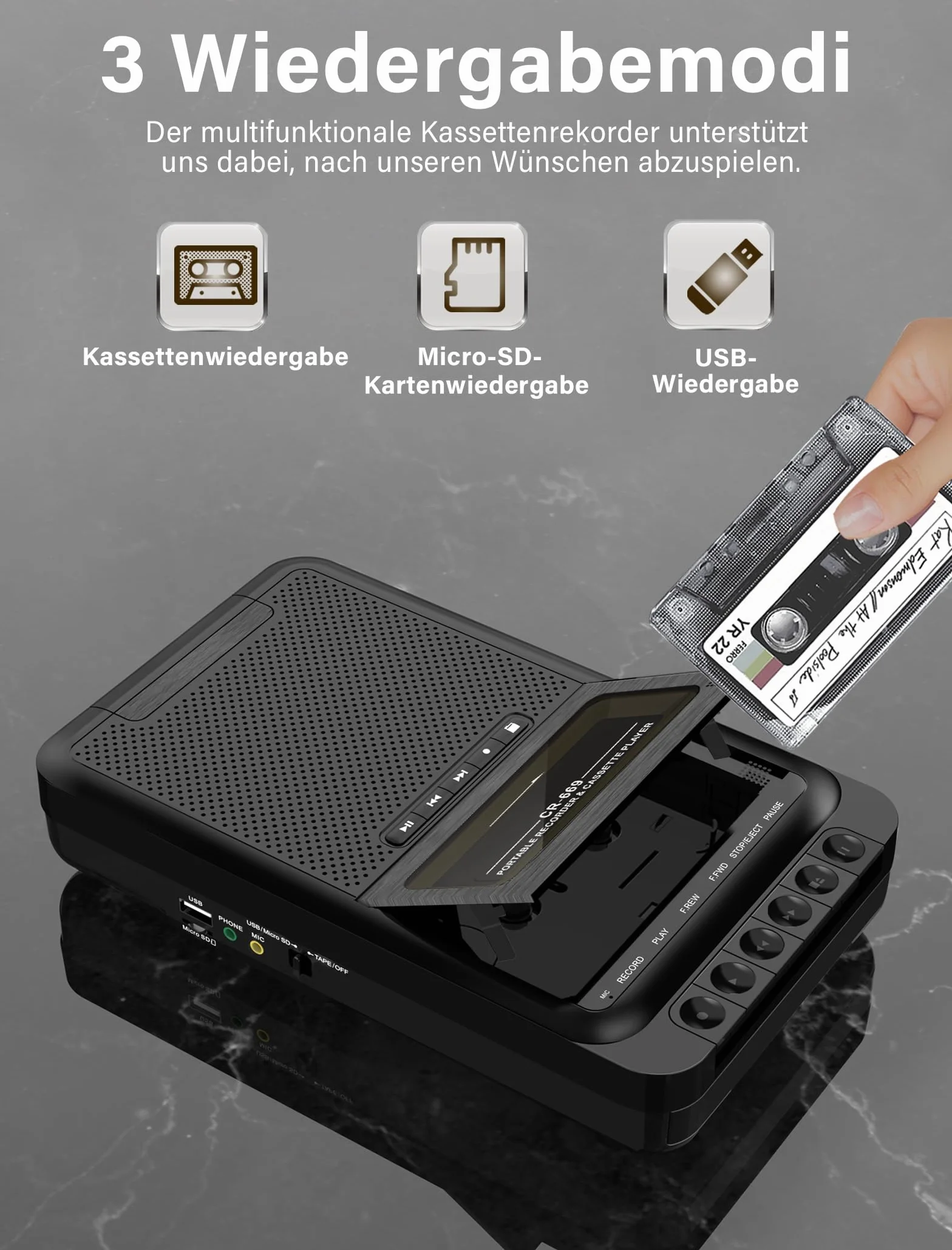 Lettore a cassette portatile con registrazione USB/SD e MP3, nero