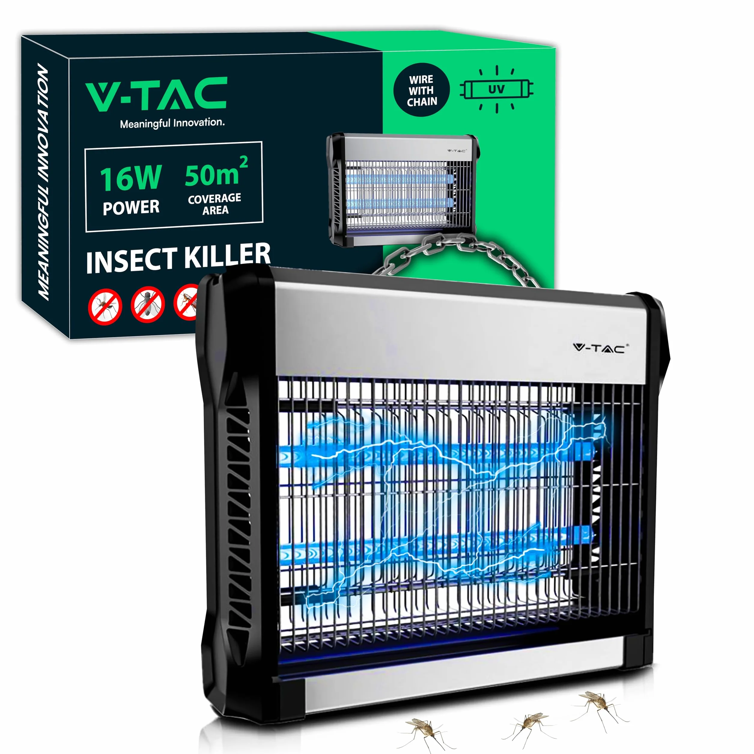 V-TAC Zanzariera Elettrica 16W con Area di Azione 50 m² - Design Sottile - Zanzariera con Luce Blu UV per Uso Interno ed Esterno - Trappola Elettrica contro Zanzare e Insetti - Potenza 16W
