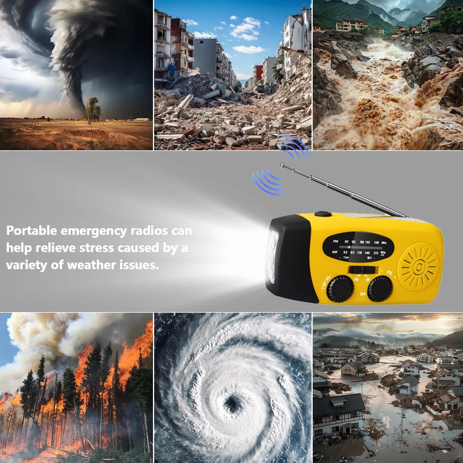 Radio di Sopravvivenza Solare con Dinamo, Portatile Emergenza con LED 3 Modalità, Allarme SOS, Caricatore USB 5V, Impermeabile