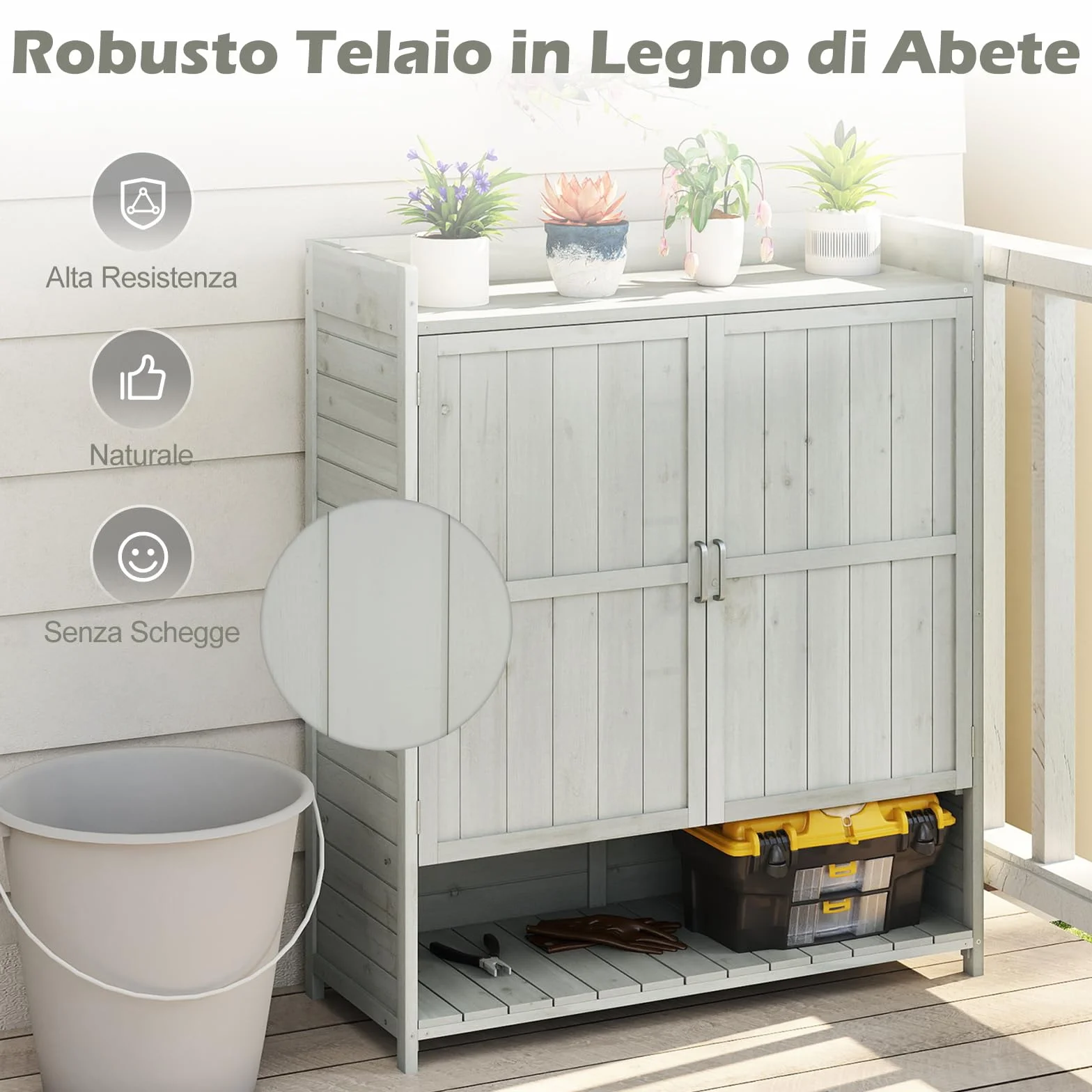 COSTWAY Armadio da Esterno in Legno Massello con Ripostiglio, 2 Ante e Piano di Lavoro