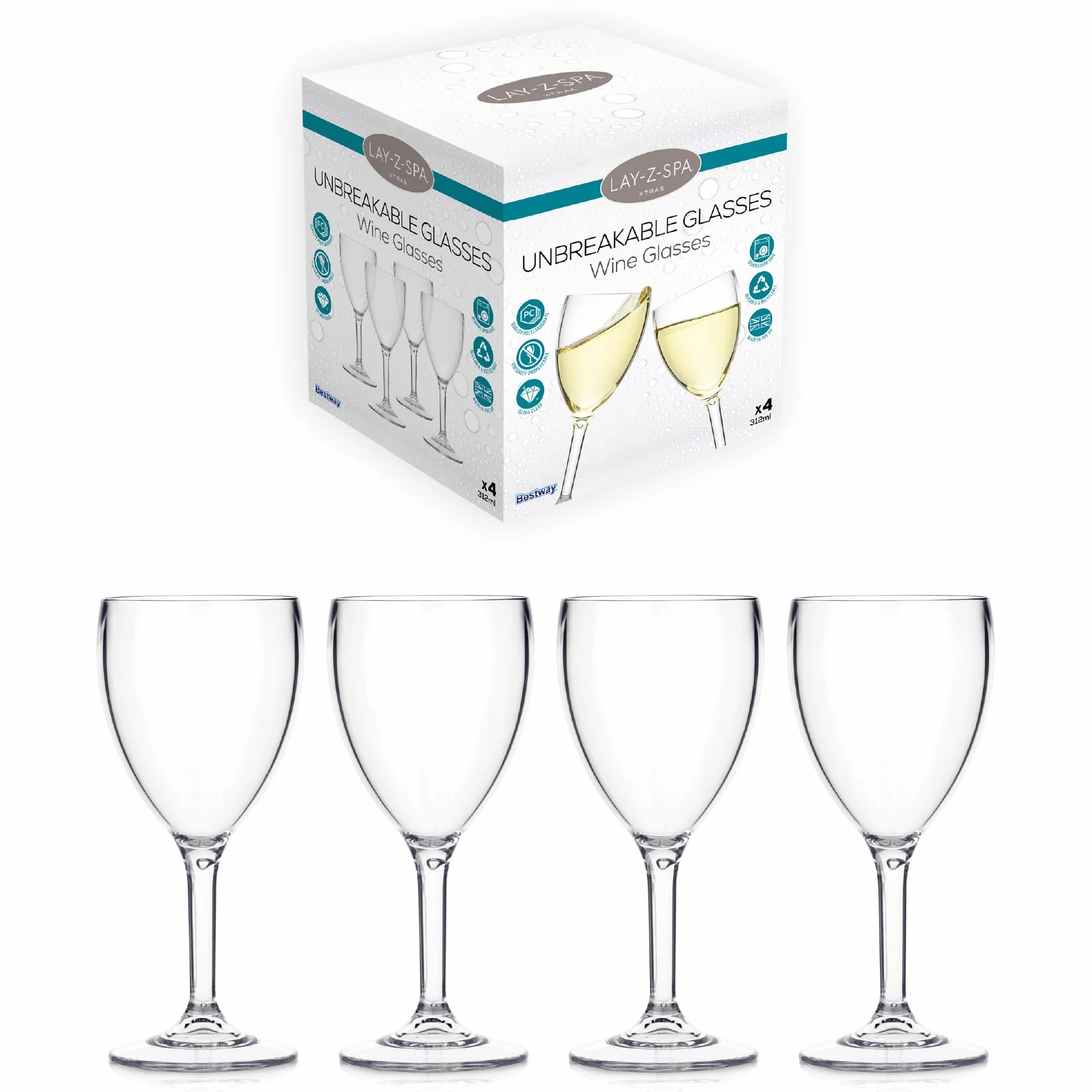 Lay-Z-Spa BWA0006 Bicchieri da vino in plastica infrangibili ultra trasparenti riutilizzabili lavabili in lavastoviglie per vasche idromassaggio piscine