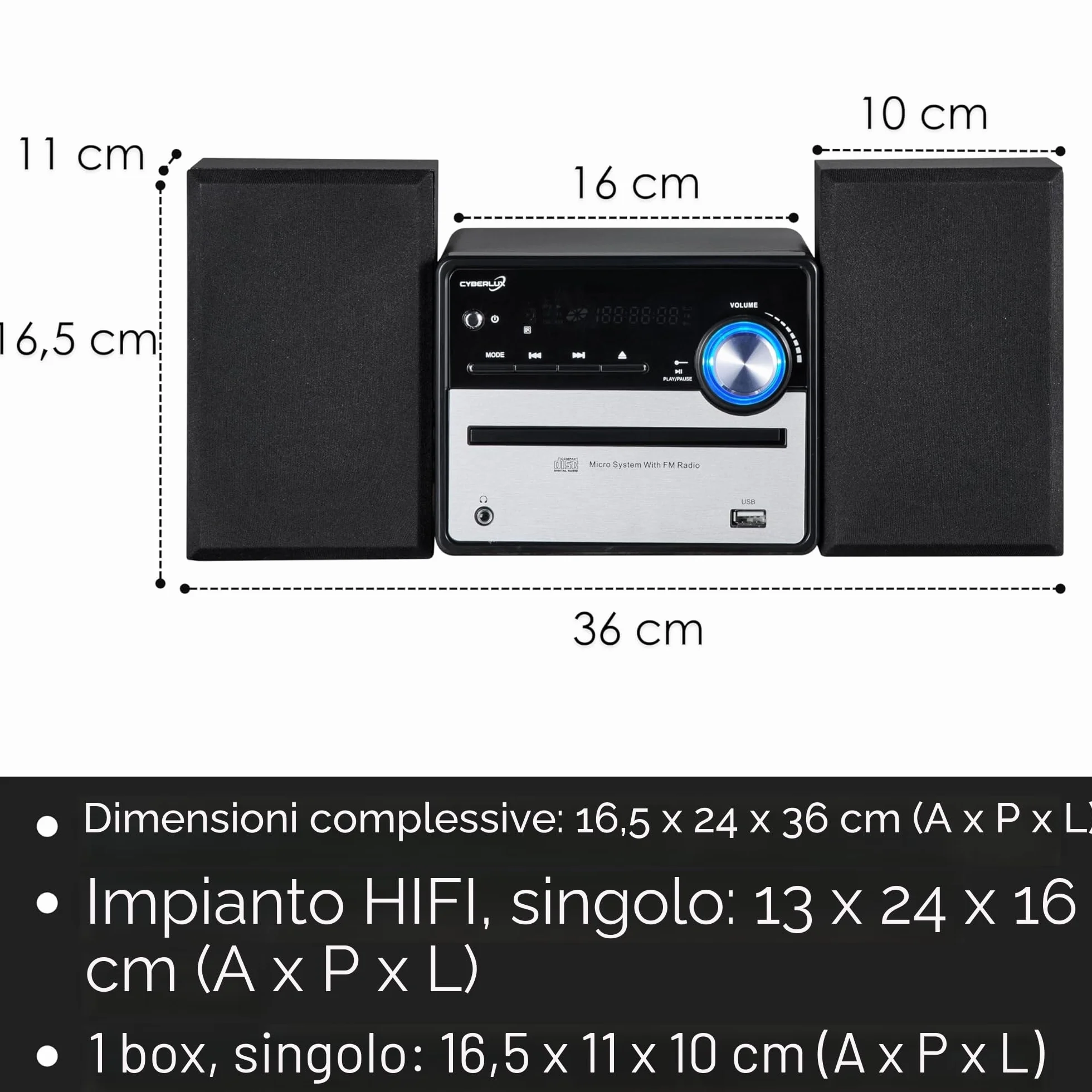 Cyberlux Impianto musicale retrò HiFi stereo compatto USB Line Out CD/MP3 Radio FM Display LED