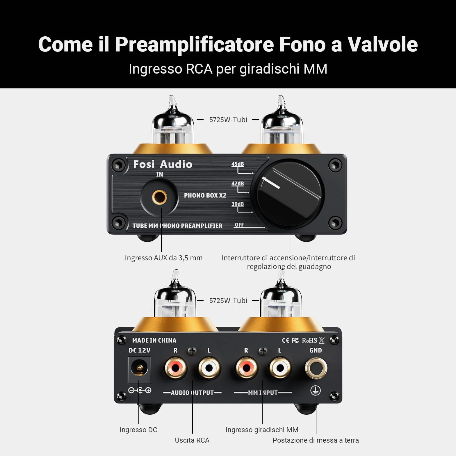 Fosi Audio BOX X2 Preamplificatore Phono MM, Guadagno Commutabile, Valvolare Tubo Sostituibile, Hifi RCA/AUX 3,5 mm