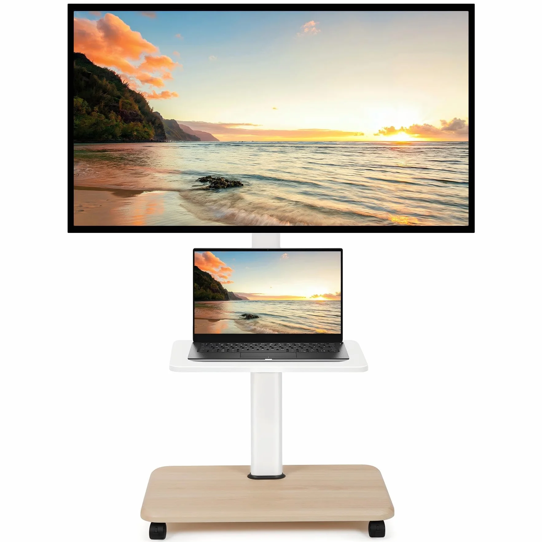 Supporto per TV con ruote bloccabili e ripiano per laptop, per schermi LED LCD OLED da 32-70 pollici, fino a 45,4 kg, altezza regolabile