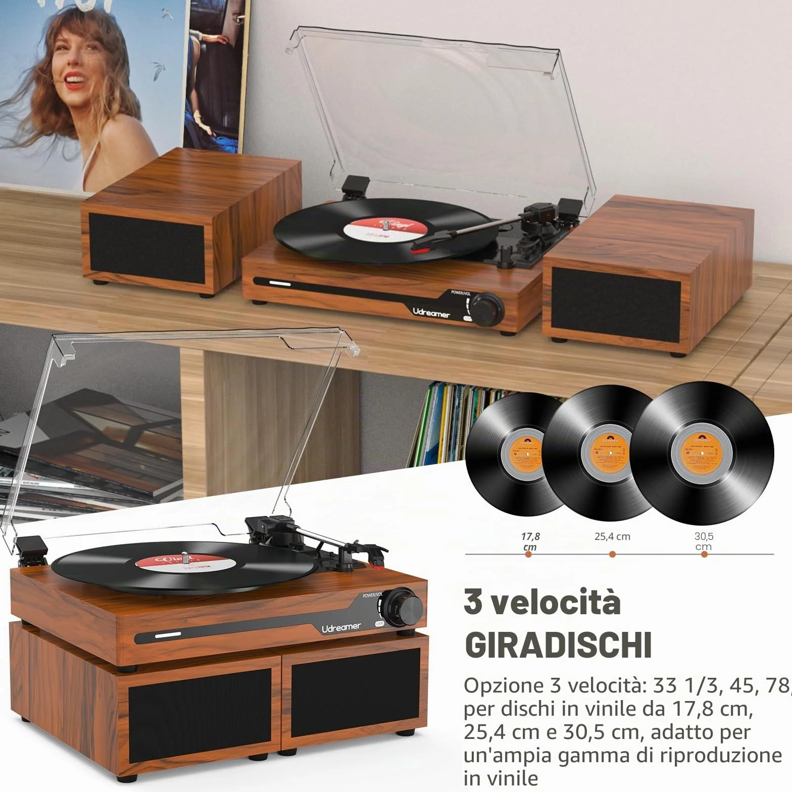 Udreamer Giradischi Vintage Bluetooth 5.3 con 2 Altoparlanti Stereo, 3 Velocità, AUX-in, RCA, USB, Marrone