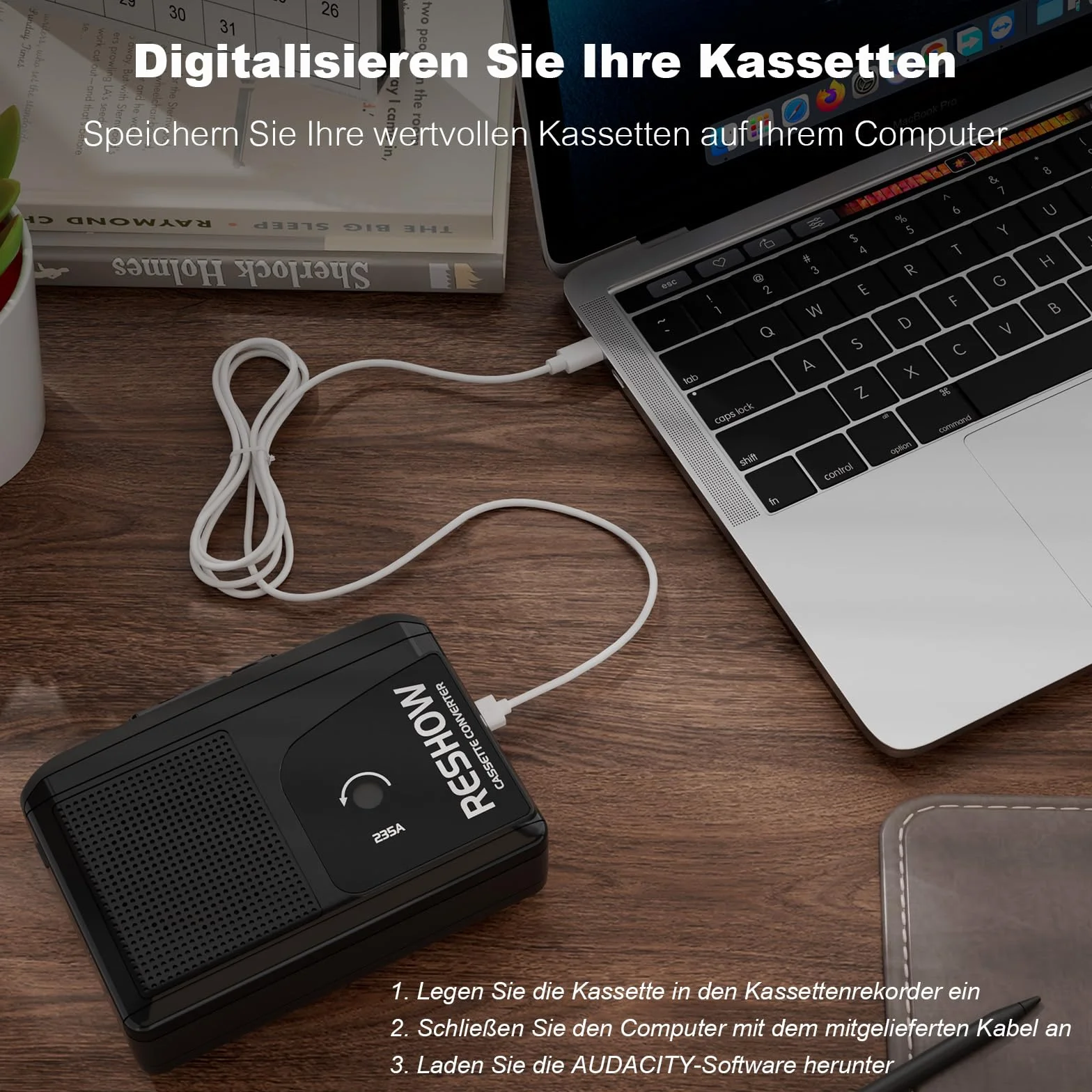 Reshow Registratore a cassette portatile con microfono integrato e altoparlante convertitore USB MP3 nero