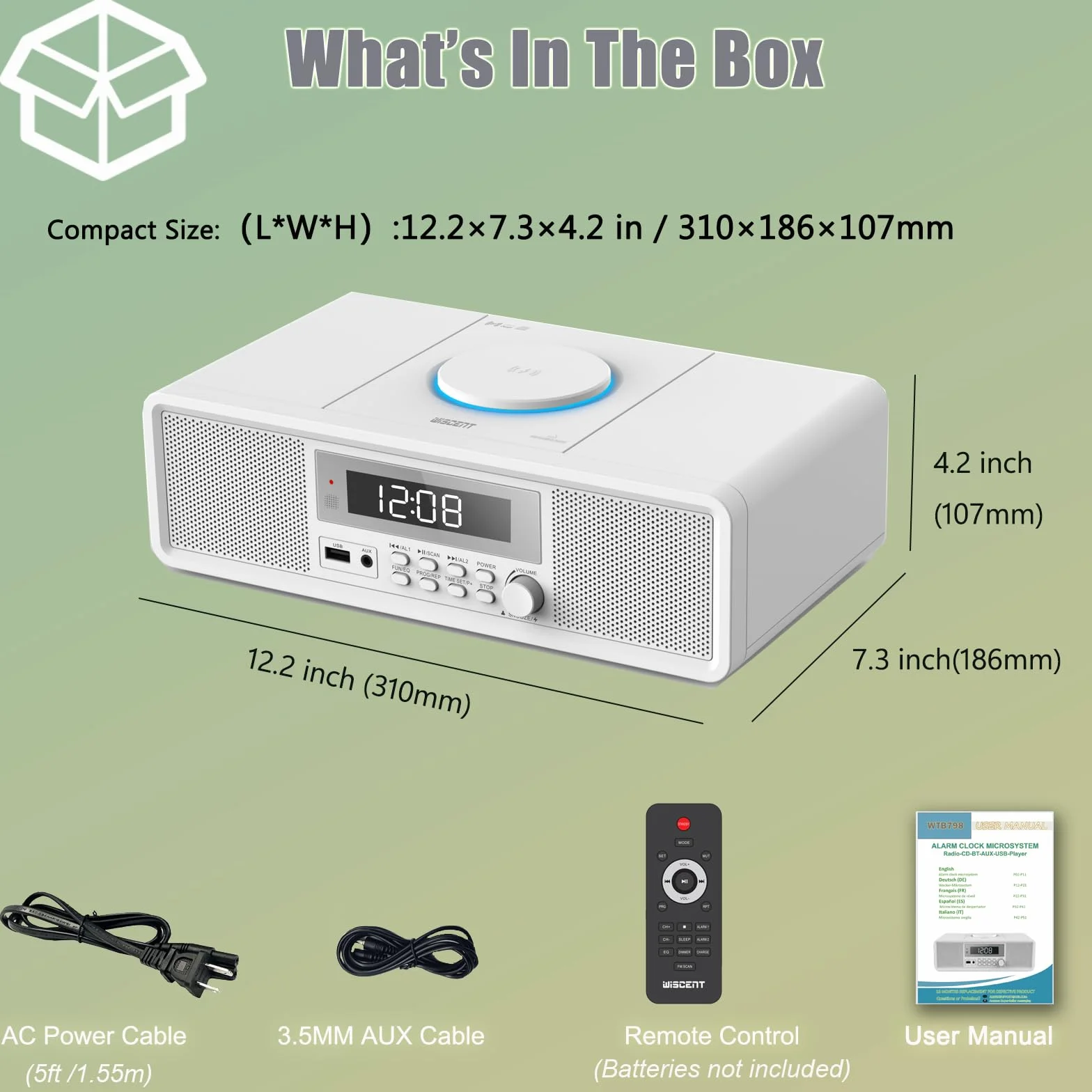 Radio Compatta con Lettore CD, Sistema Audio 20 W RMS, Bluetooth, USB, MP3, AUX, Sveglia Digitale