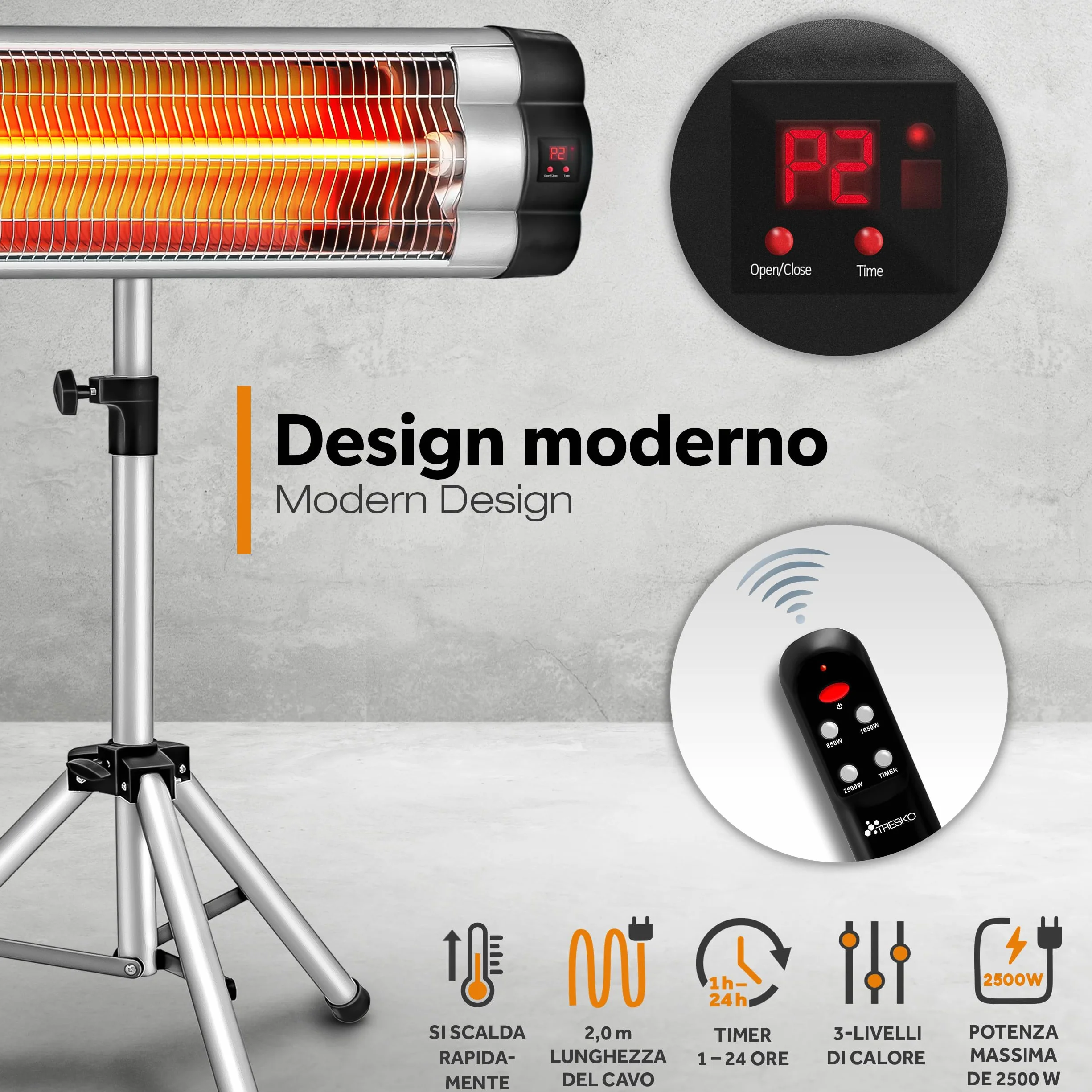 TRESKO Riscaldatore ad Infrarossi 2500W con Telecomando 3 Livelli Calore Stufa Elettrica Esterno Altezza Regolabile