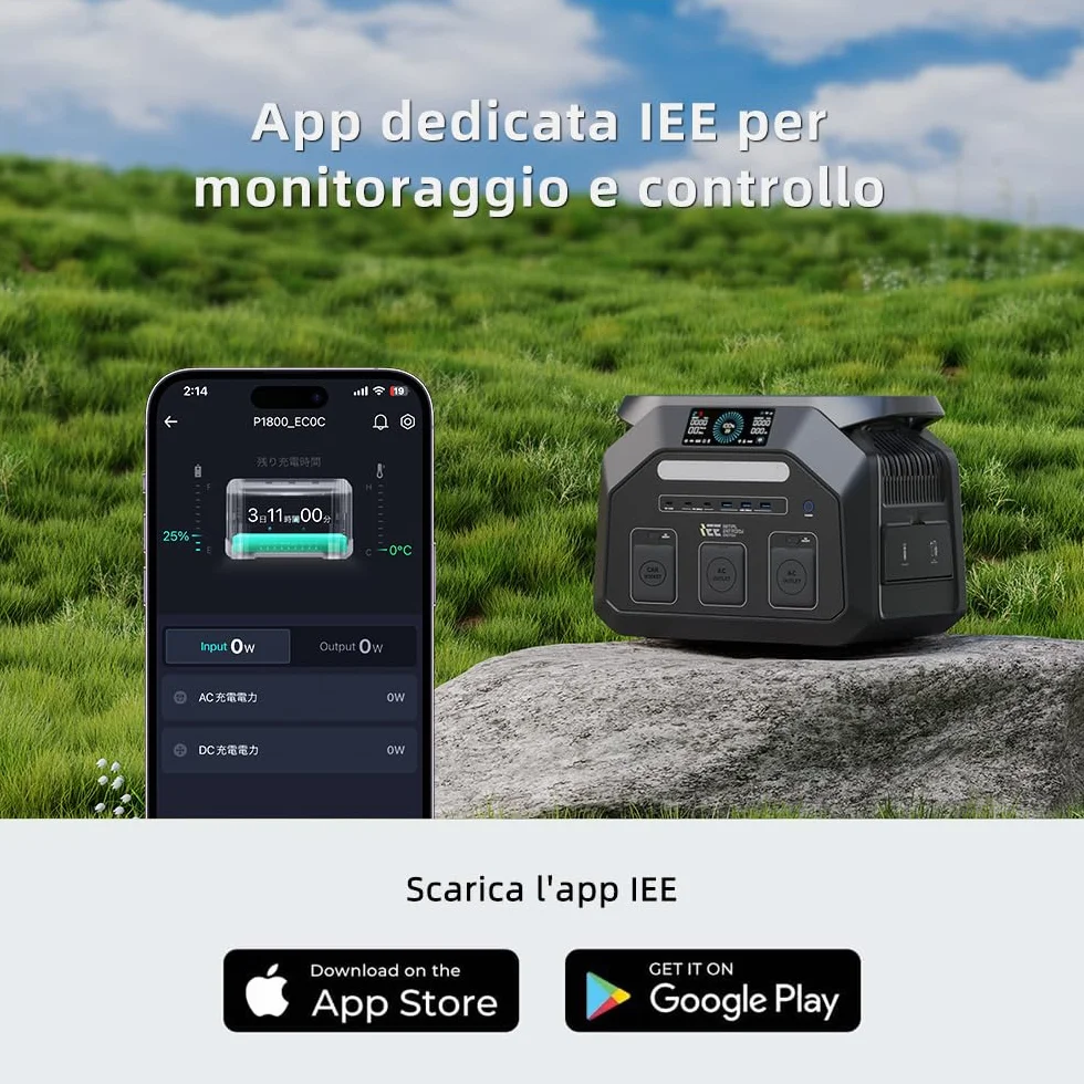 IEE 1800W Centrale Elettrica Portatile P1800, 1024Wh Generatore Solare con Batteria LiFePO4, Ricarica 0-80% in 45 min, APP, UPS, Power Station per Campeggio/Camper/Casa
