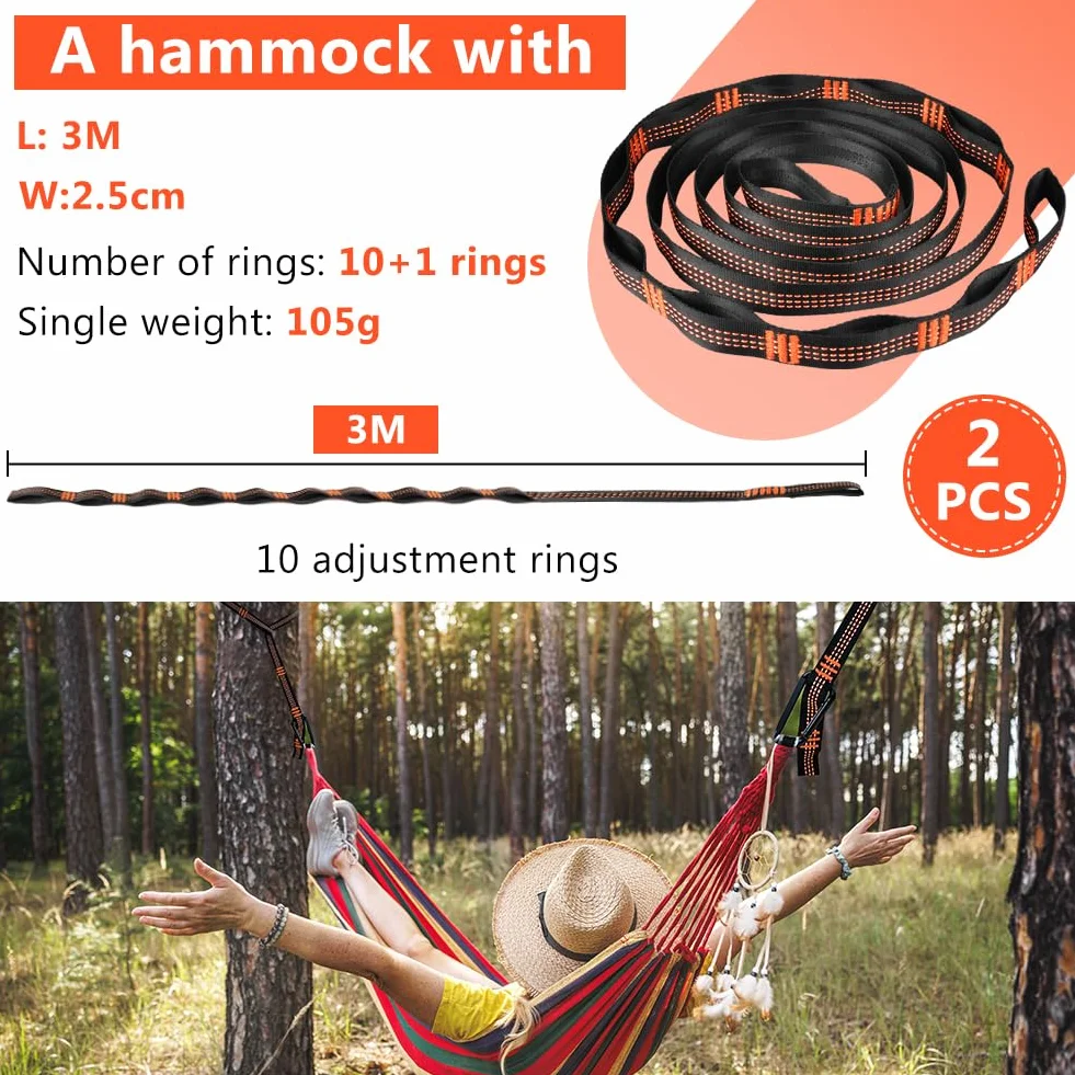 Vicloon 2 Pezzi Cinghie per Amaca 300 cm con Moschettoni, Fino a 300 kg, Set Fissaggio Campeggio, Arancione