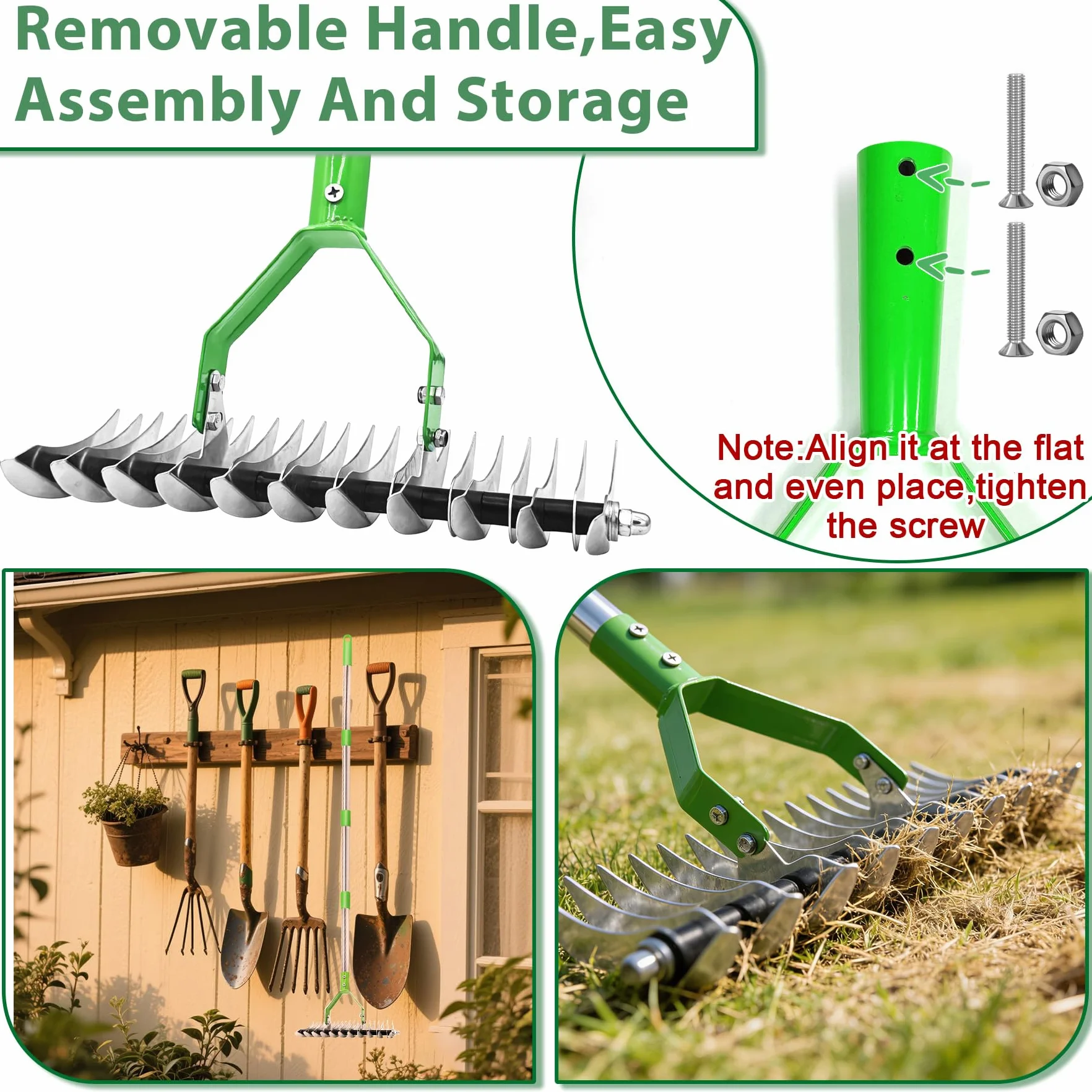 TZEKING 163cm Rastrello Sarchiatore con Manico Rimovibile,Cultivatore a Mano da Giardino a Manico Lungo Regolabile,Rastrello per Prato,Aeratore Doppio per Pulire l'Erba Morta