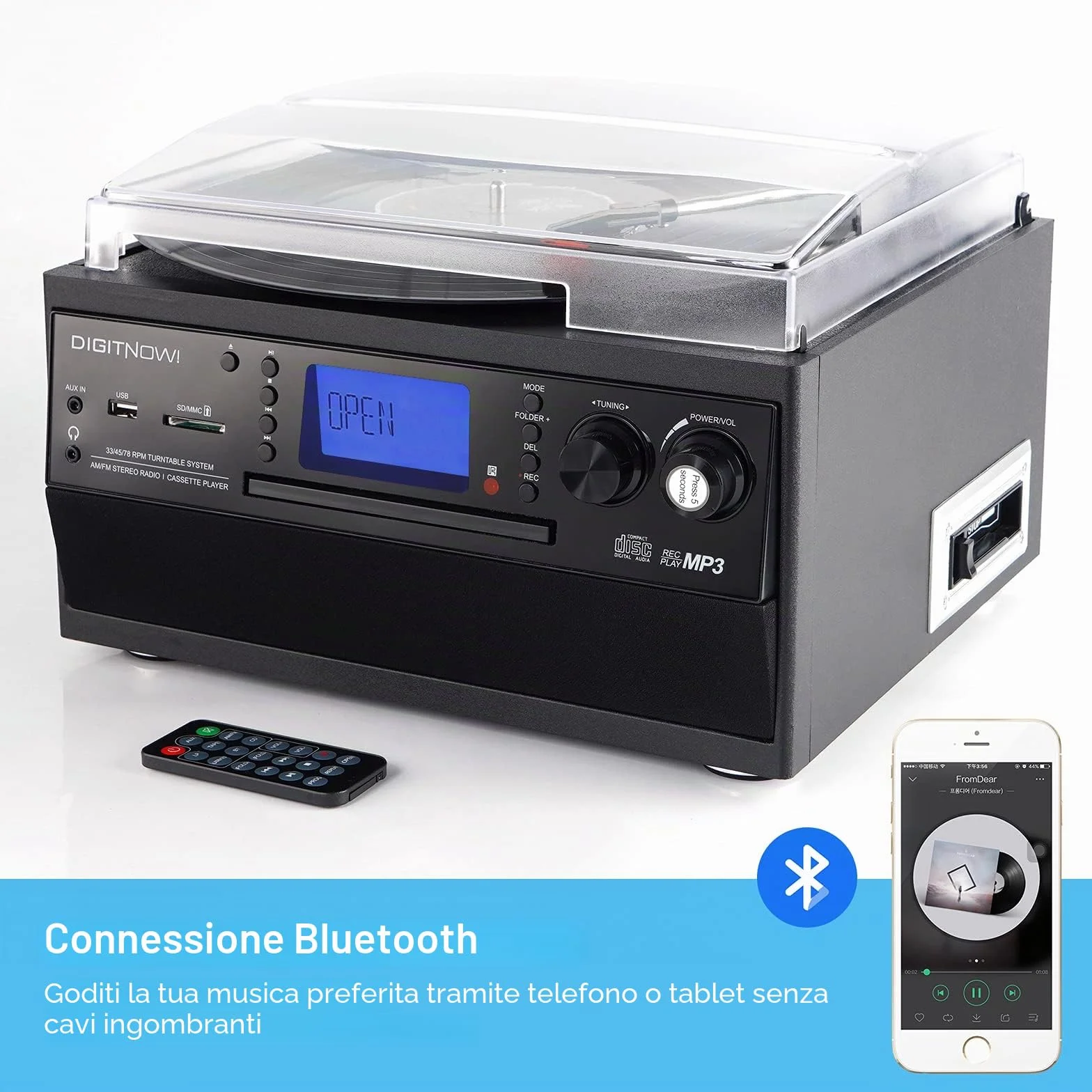 Giradischi Bluetooth DigitNow per CD Cassette Radio AM/FM con Altoparlanti Stereo