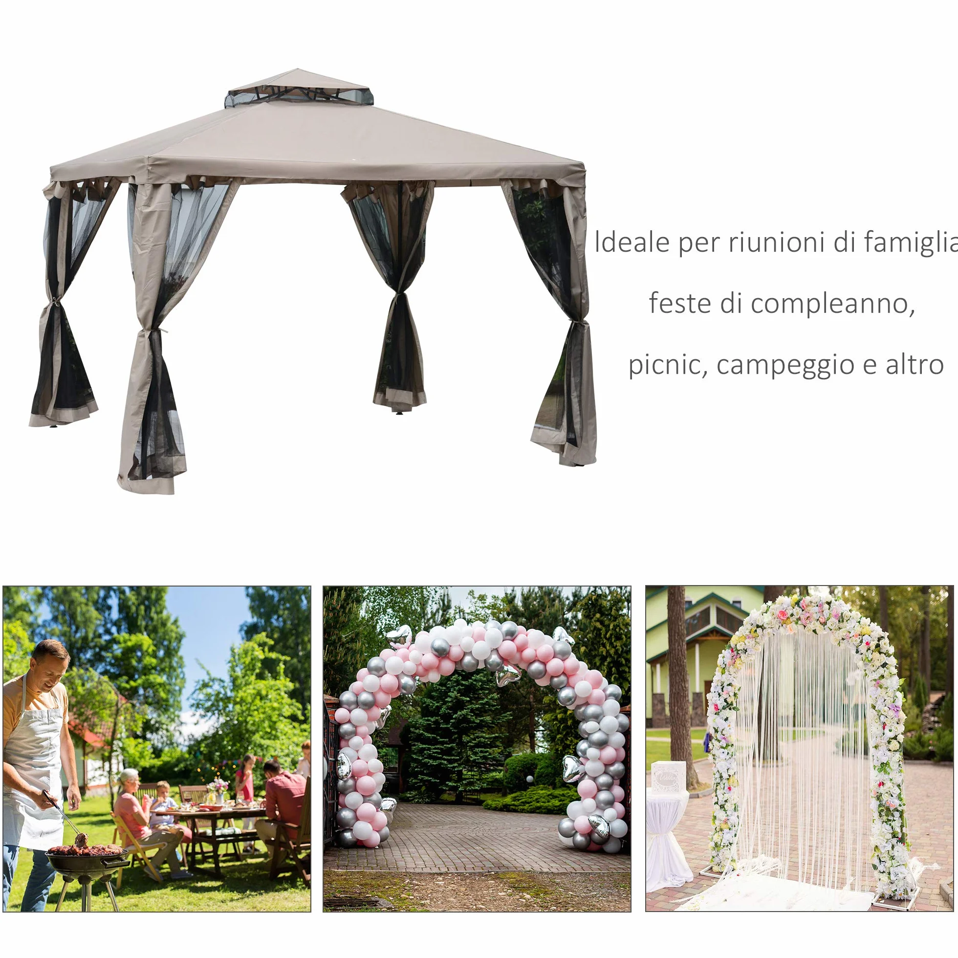 Outsunny Tenda Gazebo da Giardino 3x3m con Zanzariera, Struttura in Metallo e Copertura in Poliestere