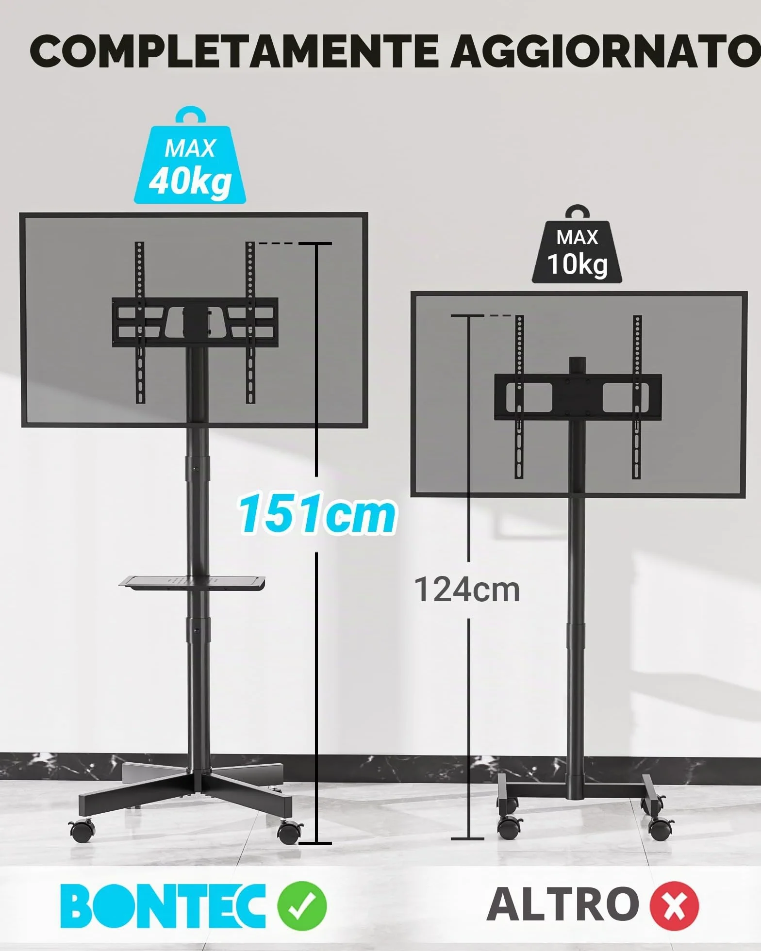 BONTEC Supporto TV da Pavimento, Carrello Inclinabile per TV da 23 a 60 Pollici, Fino a 40 kg, VESA 400x400 mm