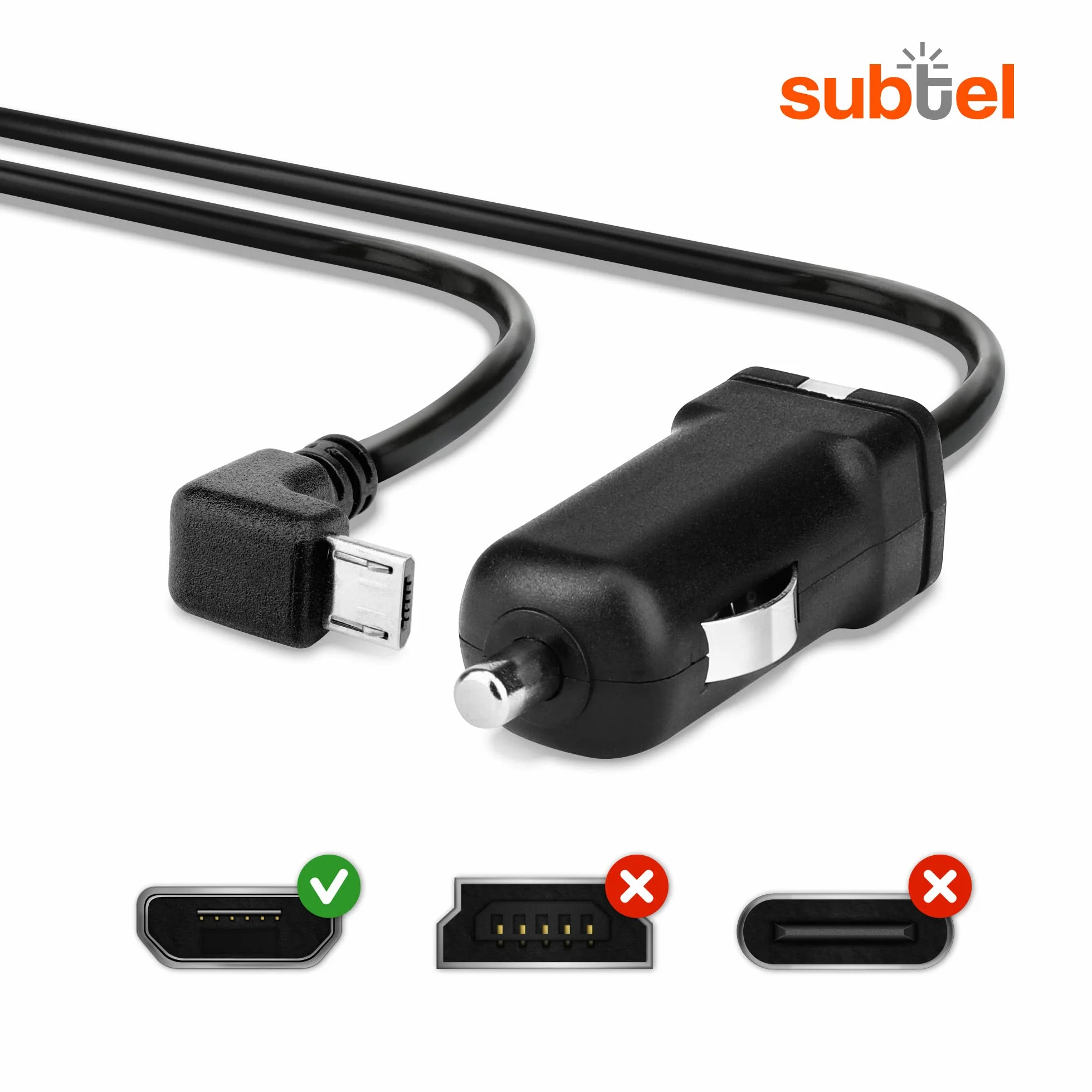 Subtel Caricatore Micro-USB 90° da Auto 1.1m 1A 5V per Navigatore GPS