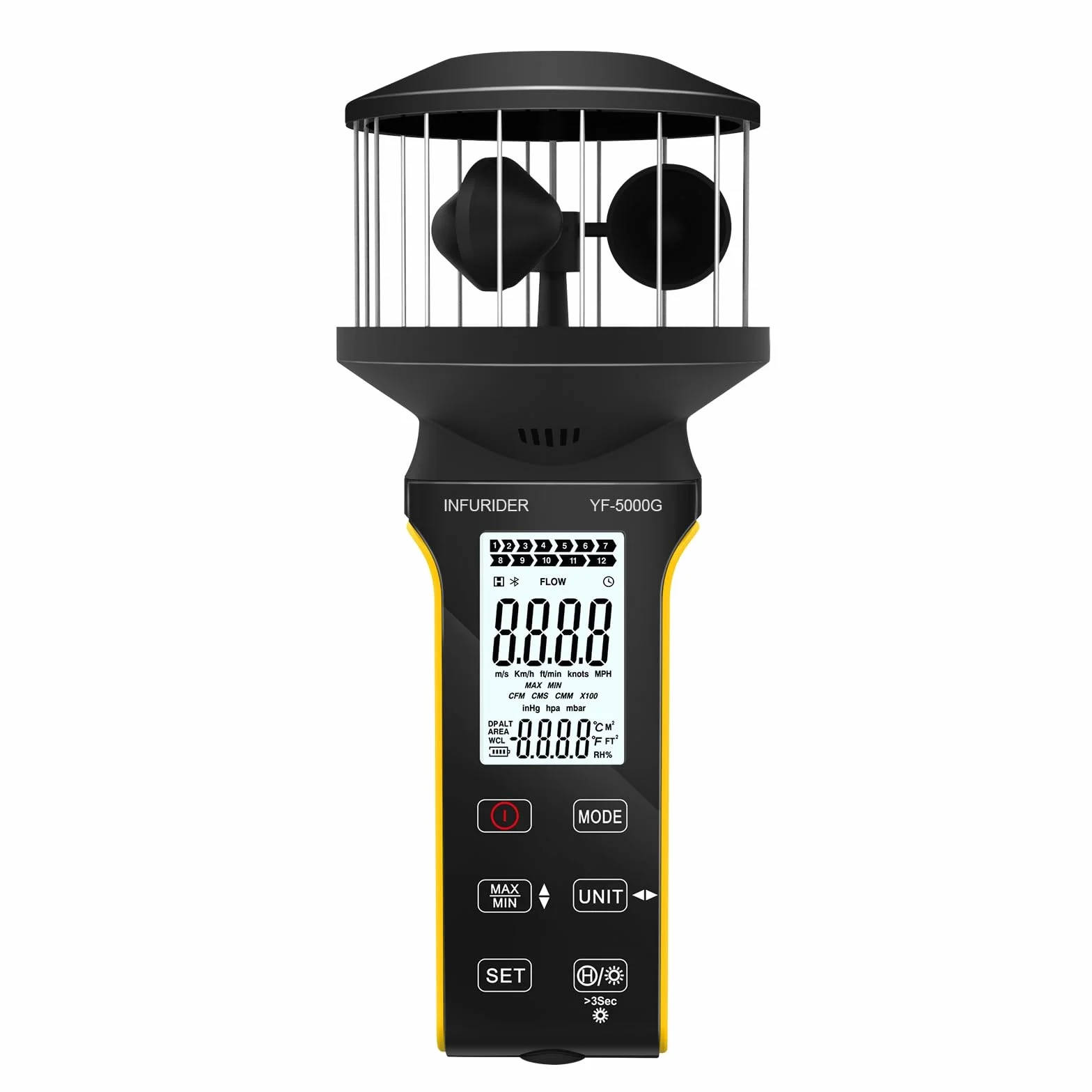 Anemometro a tazza portatile, YF-5000G Misuratori del vento con pulsante Smart Touch, anemometro per vento, temperatura e umidità Misuratore di velocità del flusso d'aria CFM