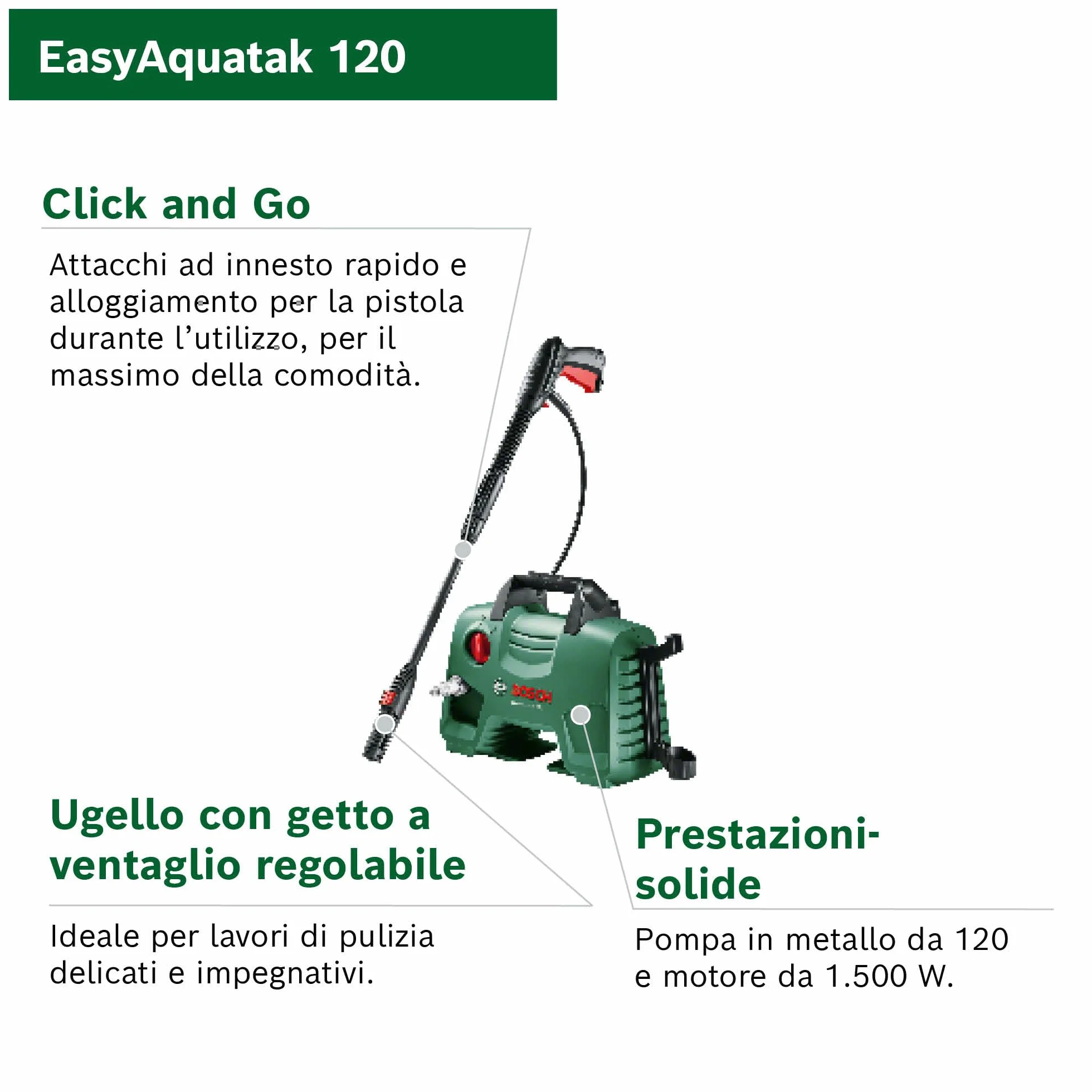 Bosch Home and Garden 06008A7901 Idropulitrice 3 Ugelli, Alta Pressione, Filtro Trasparente, Verde Nero, Cavo e Tubo Flessibile 5 m, 350 L/h, 40.10 x 37.60 x 20.20 cm