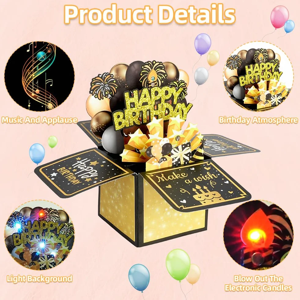 Vicloon Biglietti di Compleanno 3D con Musica e Luci, Pop Up Happy Birthday Card, Spegnere Candele LED