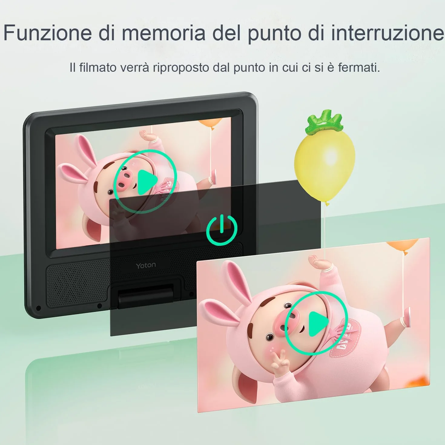 Yoton Lettore DVD Portatile 9,5" HD Schermo Girevole 7,5" Batteria 6 Ore Senza Regione Altoparlanti Potenziati Multiformato Dischi SD USB Sync TV Proiettore