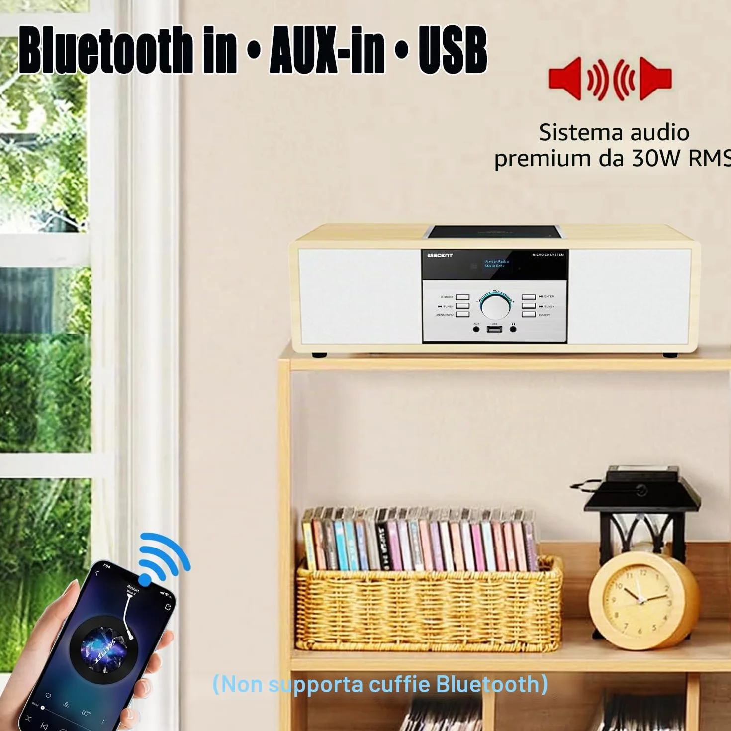 Impianto Stereo Casa Hi-Fi Radio DAB+ Lettore CD Bluetooth 5.0 FM USB 30W Design Retro Legno