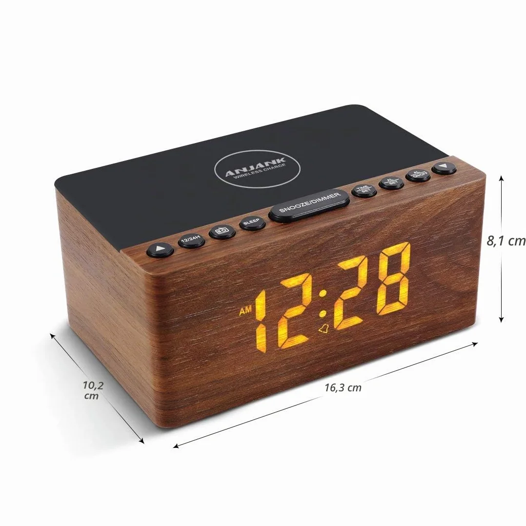 ANJANK Radiosveglia Digitale con Radio FM, Stazione di Ricarica Wireless Veloce 10W per iPhone/Samsung Galaxy, Display LED, Dimmer 5 Livelli, USB