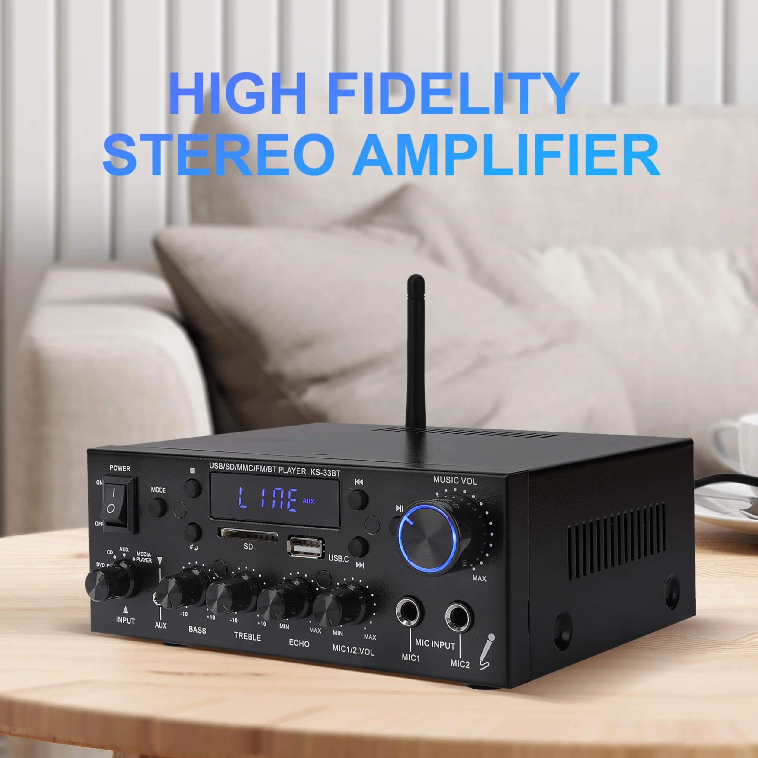 Amplificatore HiFi Audio Stereo BT Portatile 500W+500W 2CH LCD Radio 12V/220V con Telecomando
