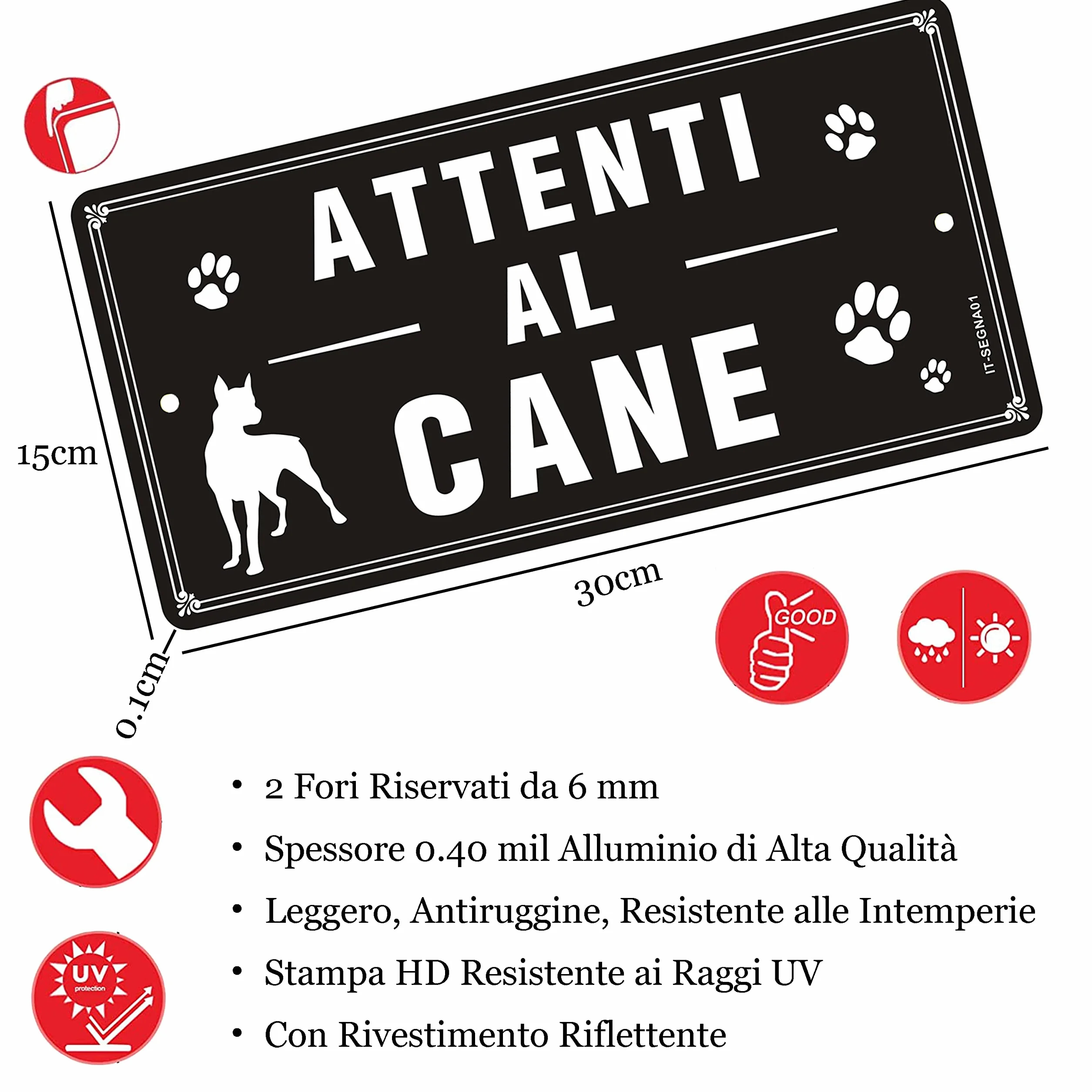 Cartello Attenti al Cane Metallo Riflettente 30×15cm - Attenti al Cane Alluminio Simpatico 2 Pezzi