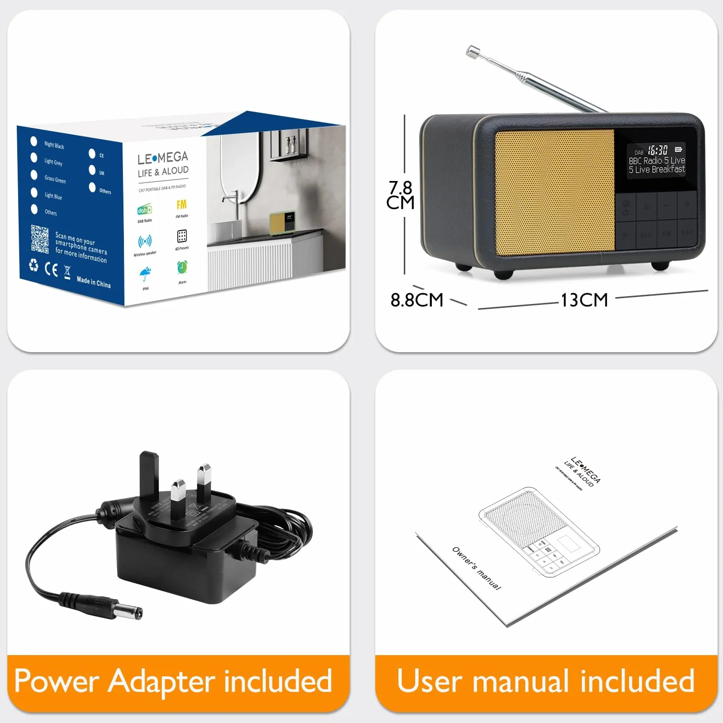 LEMEGA CR7 Mini Radio DAB+ Portatile Bluetooth 12h Autonomia FM IPX4 Impermeabile Custodia Legno Pelle Sveglia Sleep Timer 40