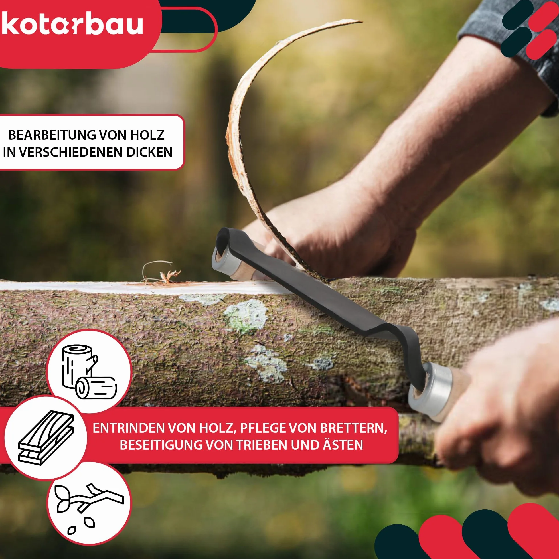 KOTARBAU® Coltello da Trafila - Coltello da Traino - Acciaio al Carbonio - 280 mm - Scortecciatrice per Lavorazione del Legno - Nero - Utensile Manuale per Scortecciare - Manici Ergonomici in Legno