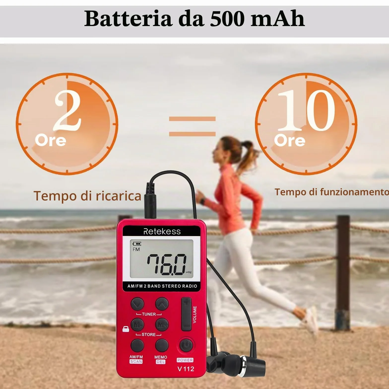 Retekess V112 Mini Radio Portatile AM FM Ricaricabile con Cuffie a Batteria Rosso