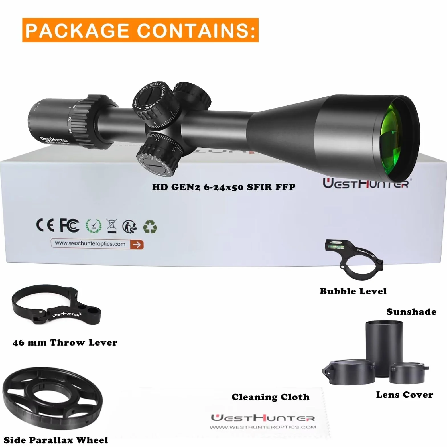 WestHunter Optics HD GEN2 SFIR FFP Cannocchiale da competizione 30mm primo piano focale reticolo illuminato vetro inciso tattico 1/10 MIL Zero Stop