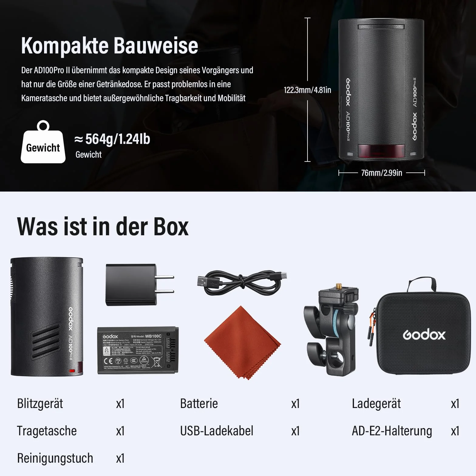 GODOX AD100ProII Flash Kit 100Ws 2.4G Wireless HSS 1/8000s USB-C Ricarica 2850mAh Batteria LED