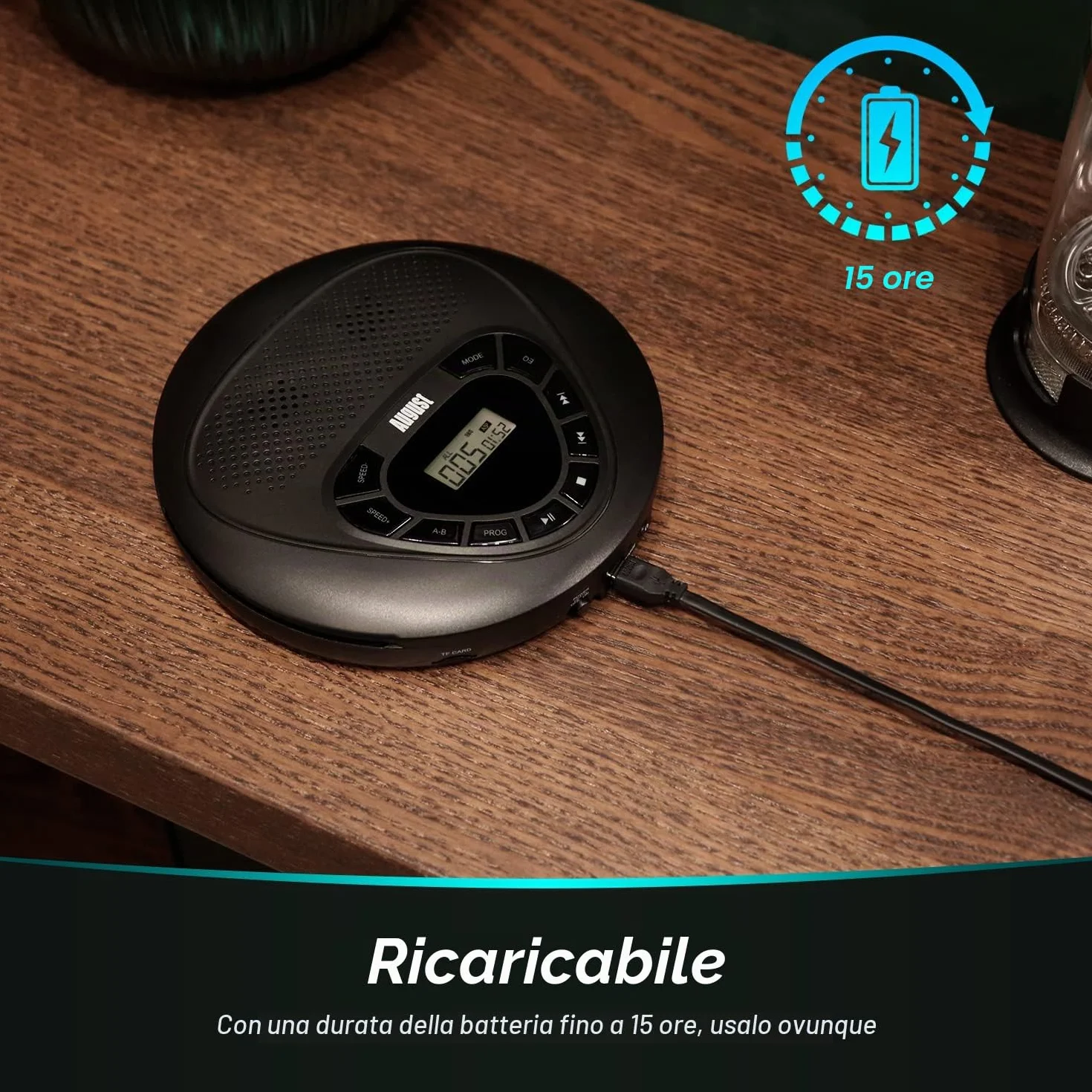 August SE10 Lettore CD Portatile con Altoparlanti, Batteria Ricaricabile, Anti-shock, Aux out, Micro SD, Nero