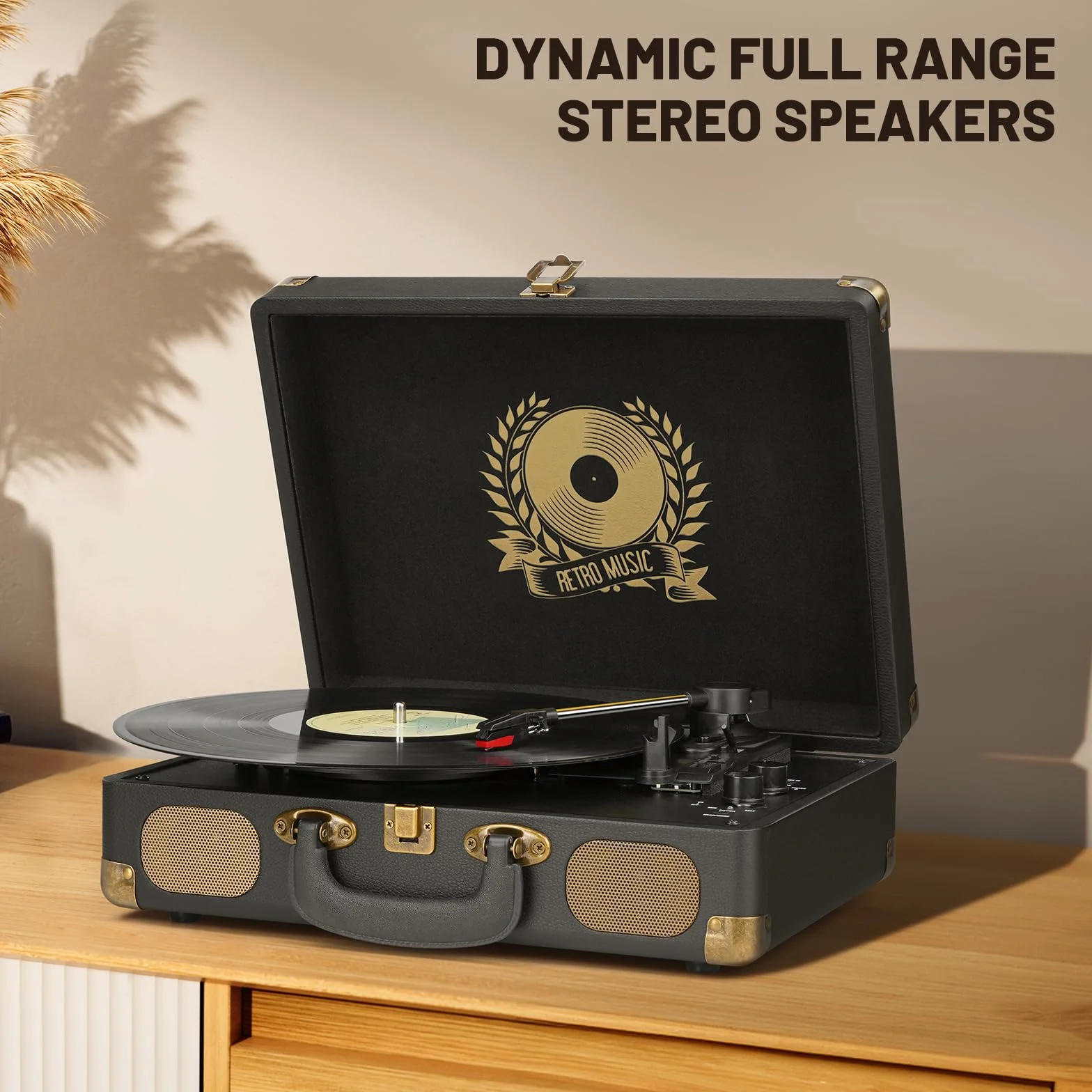Giradischi in vinile Bluetooth portatile 3 velocità USB MP3 vintage valigia con altoparlanti integrati nero