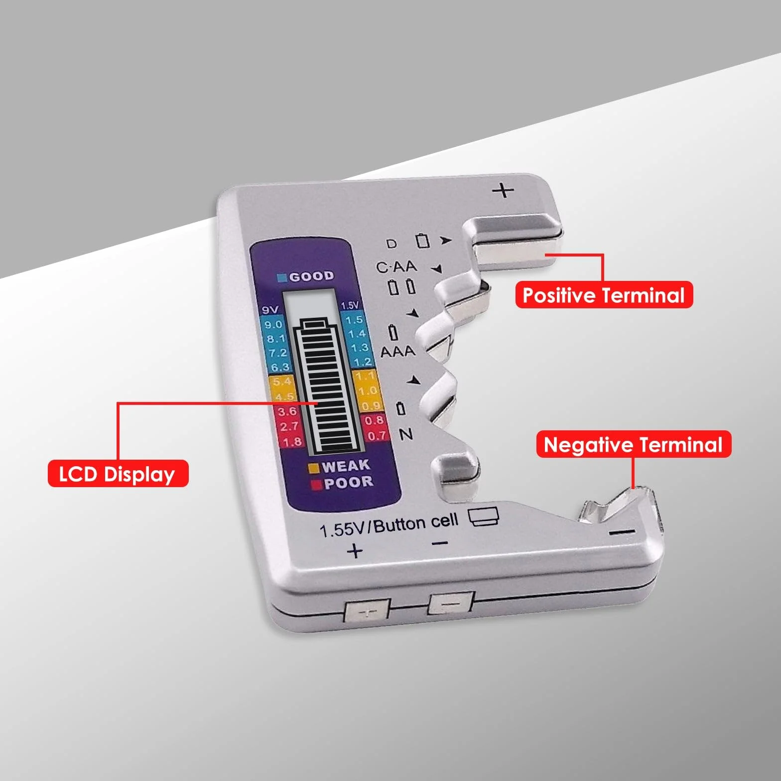 Tester Batterie Universale con LCD per AA AAA C D N 9V 1.5V Bottone