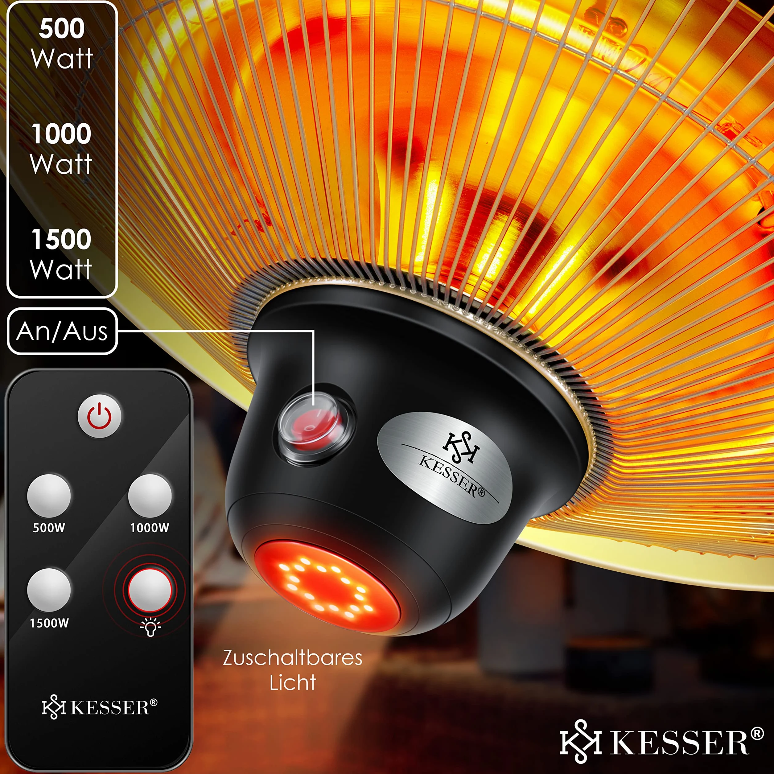KESSER® Riscaldatore radiante a soffitto con telecomando, Riscaldatore per patio, infrarosso, riscaldatore, radiatore a infrarossi, radiatore di calore, patio, radiatore al quarzo, potenza: 1500W