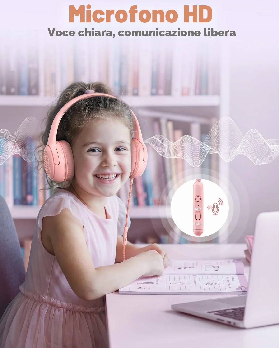 Cuffie per Bambini con Microfono, Limitazione Volume 85/94 dB, Jack 3,5 mm, Design Pieghevole, On-ear (Rosa)