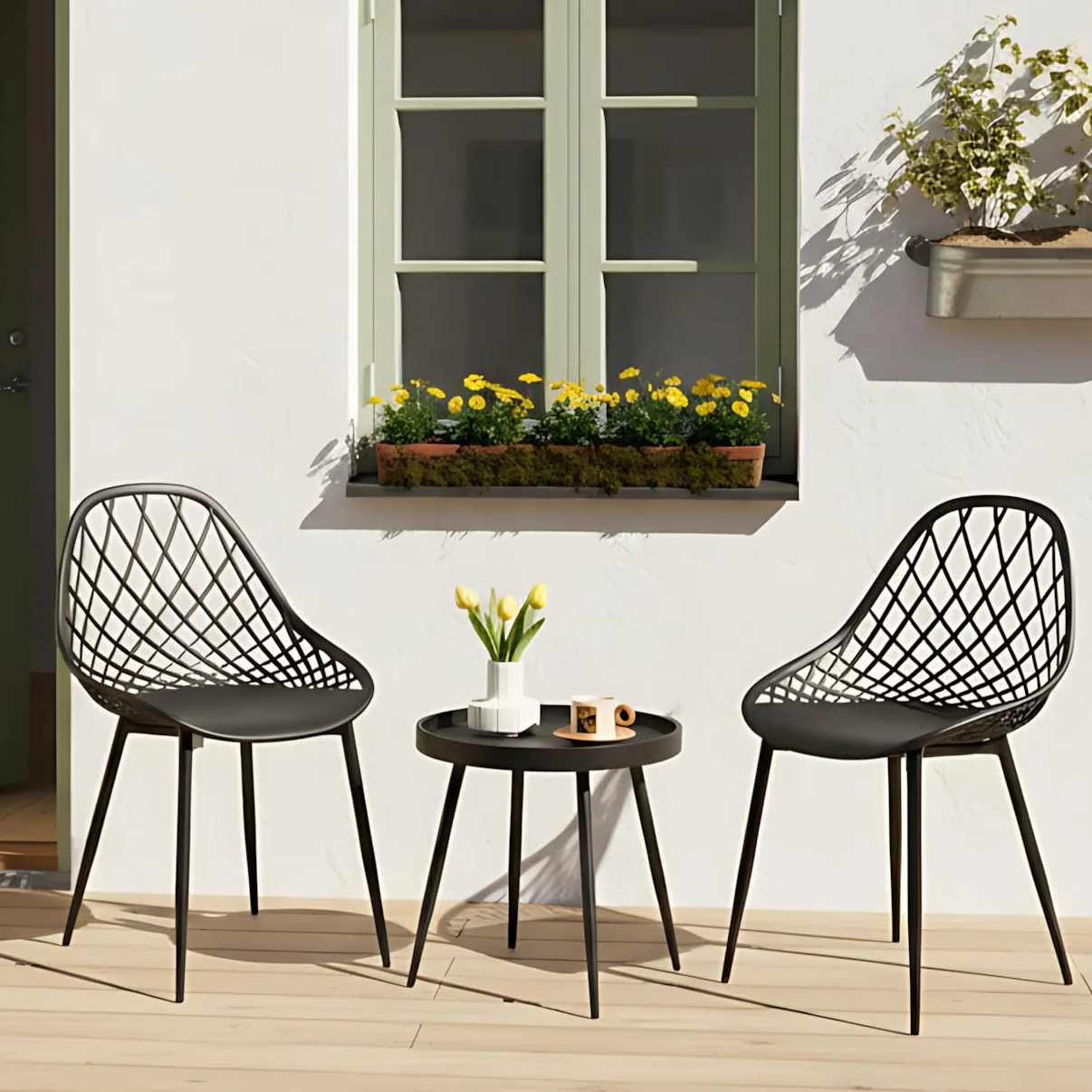 buybyroom Tavolino e Sedie da Balcone, Tavolo Balcone con Sedie Adatto per Balcone, Giardino e Soggiorno, Piedi di Tavolo e Sedia in Metallo Con Piastrelle Regolabili, Nero