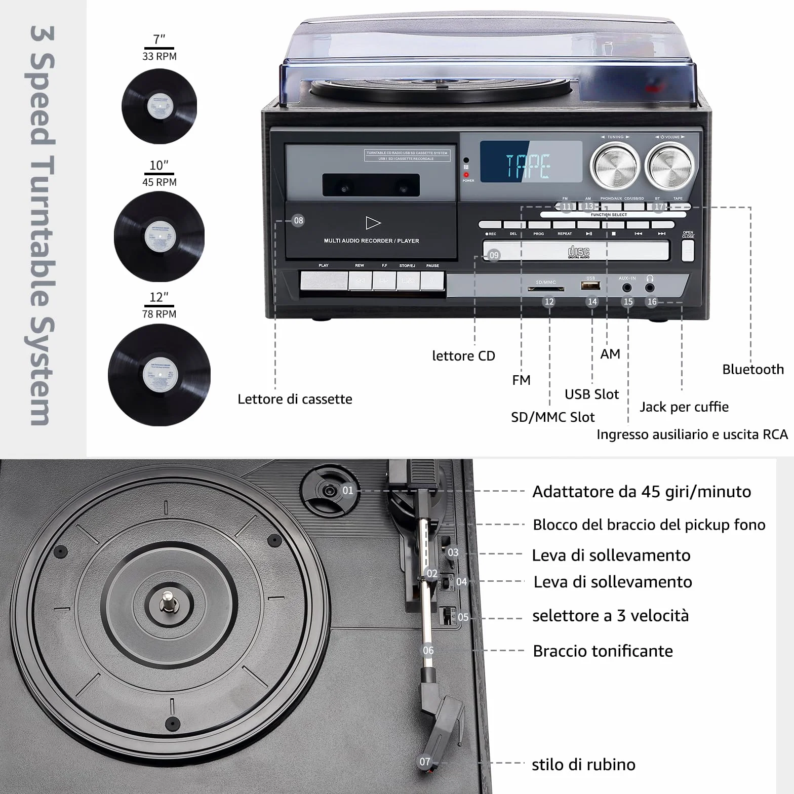 Giradischi Vintage 9 in 1 con Bluetooth, 3 Velocità, Lettore CD e Cassette, Radio AM/FM