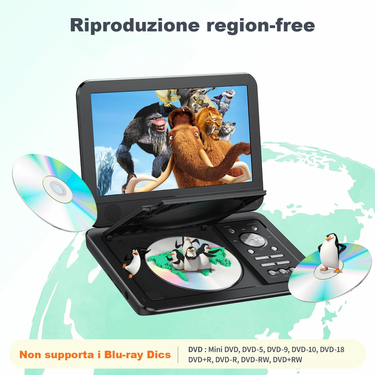 YOTON Lettore DVD Portatile 12,5" Schermo Girevole HD 10,5" per Auto Bambini Batteria 6 Ore USB SD TV Nero