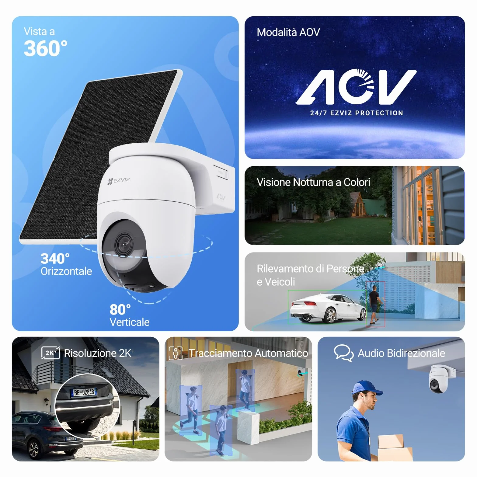 EZVIZ CB8 Lite 2K+ Telecamera WiFi Esterno Pannello Solare PTZ 360° AOV Rilevamento Persone Veicoli Audio Bidirezionale Visione Notturna Colori Difesa Attiva